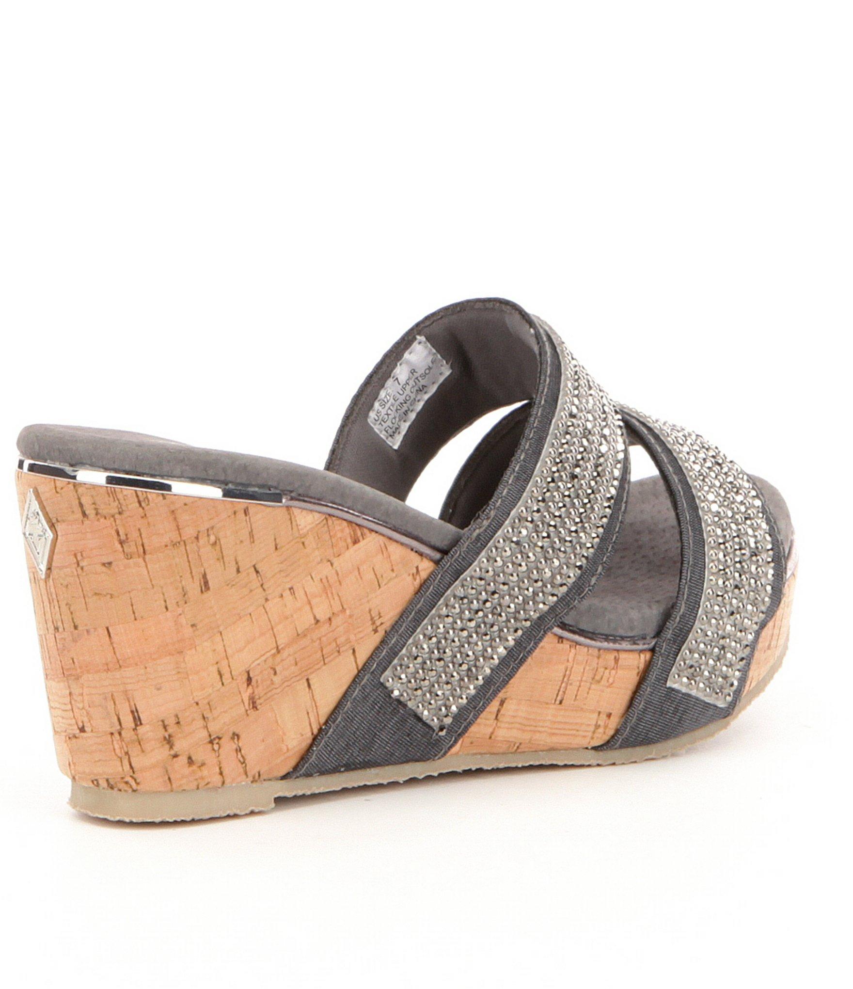 Volatile Suede Candied Textile Banded Rhinestone Embellished Wedge