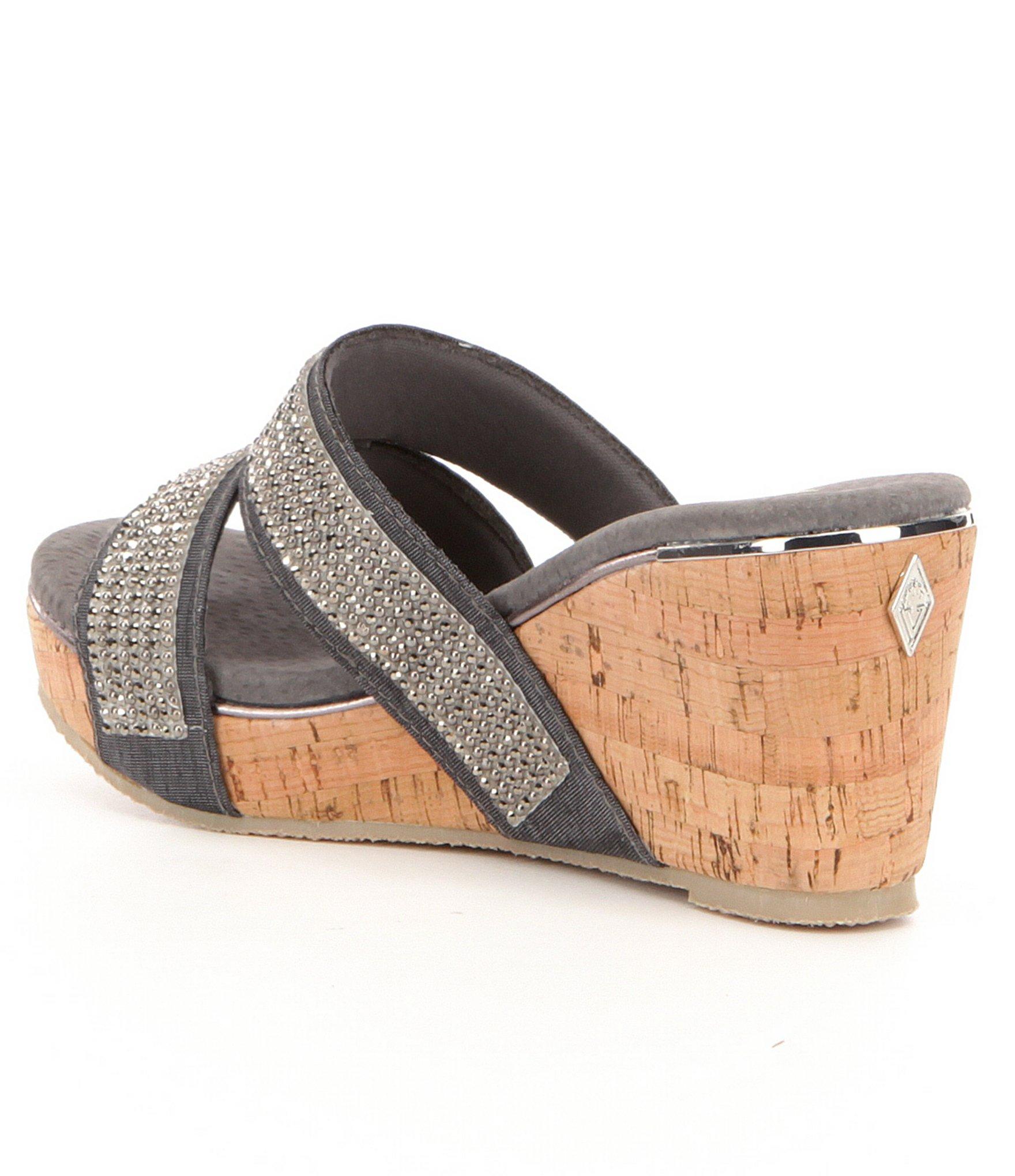 Volatile Suede Candied Textile Banded Rhinestone Embellished Wedge