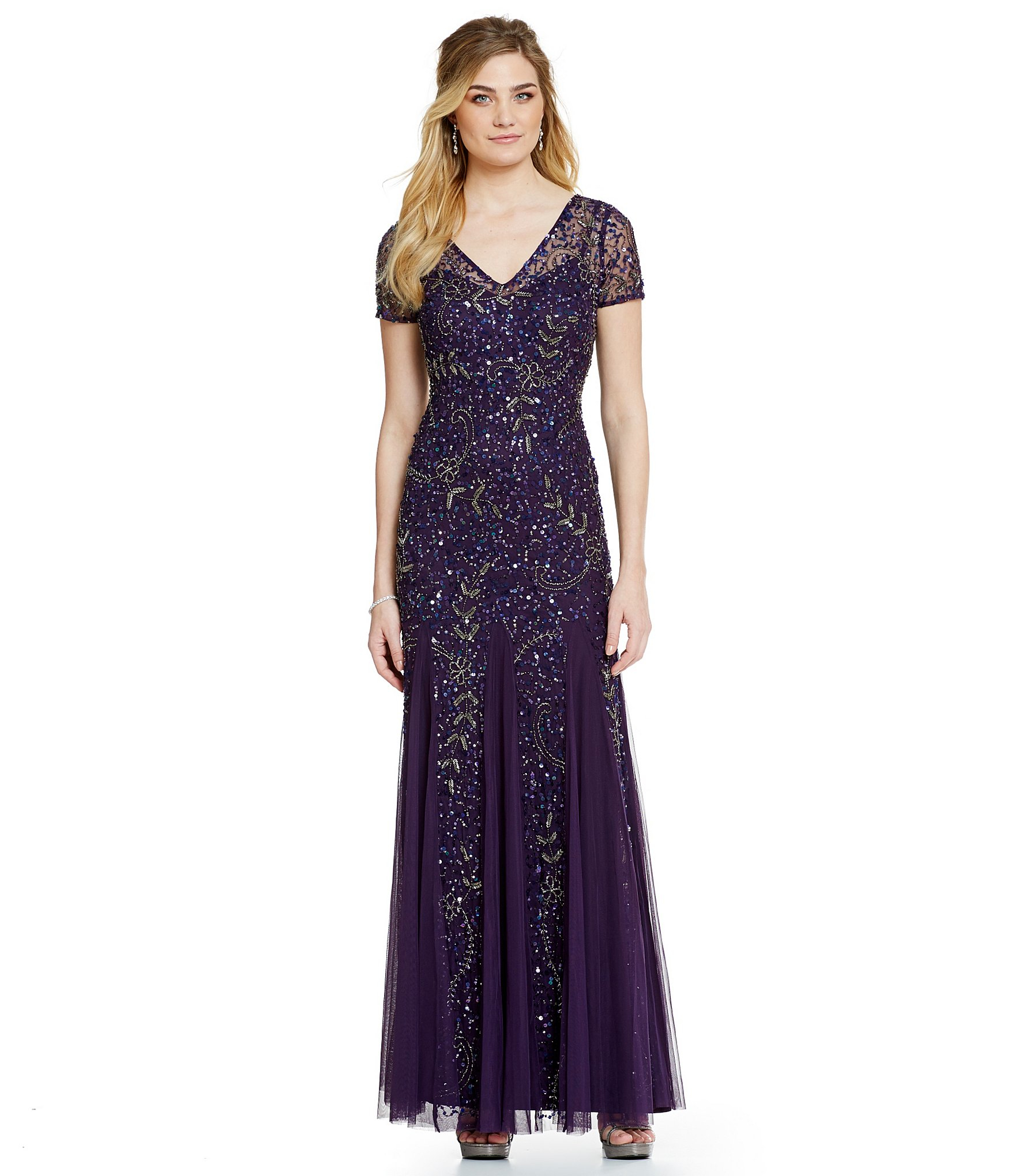 Adrianna papell Beaded Short Sleeve V-neck Gown in Blue | Lyst