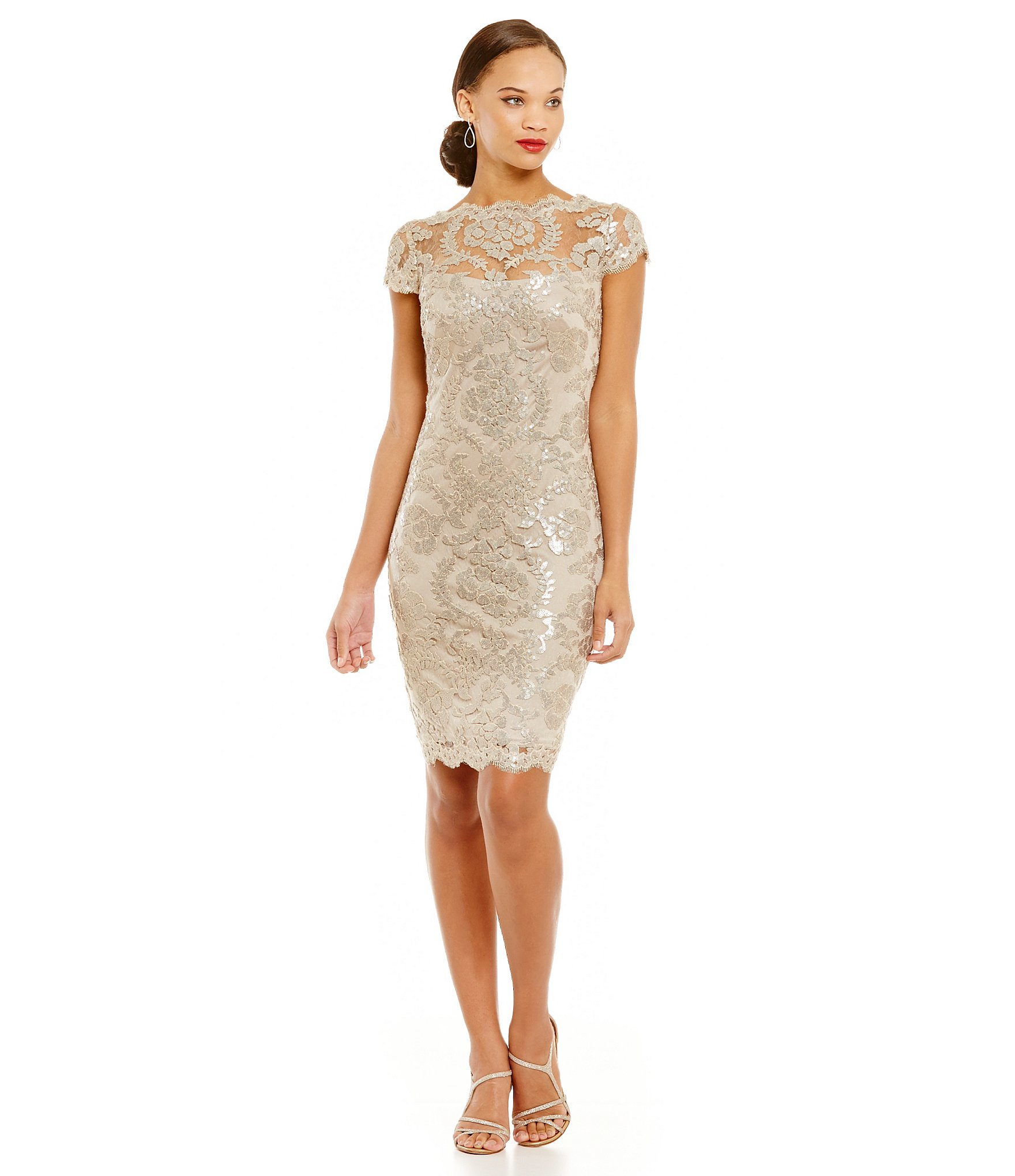 Lyst Tadashi Shoji Illusion Neck Sequin Lace Dress In Natural Gallery