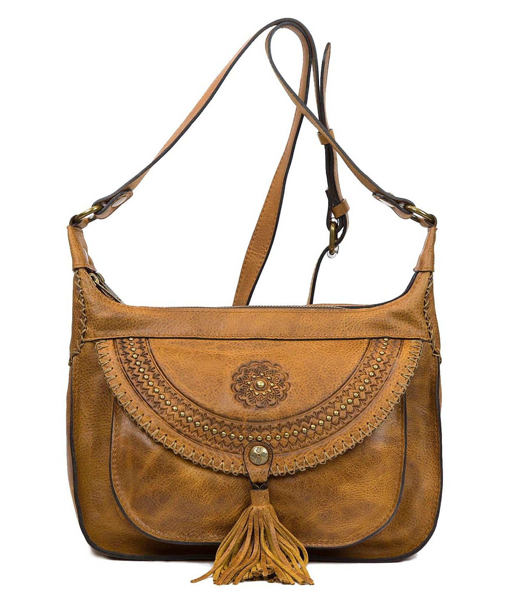 Patricia nash Distressed Vintage Collection Camilia Studded Tasseled Square Hobo Bag in Brown | Lyst