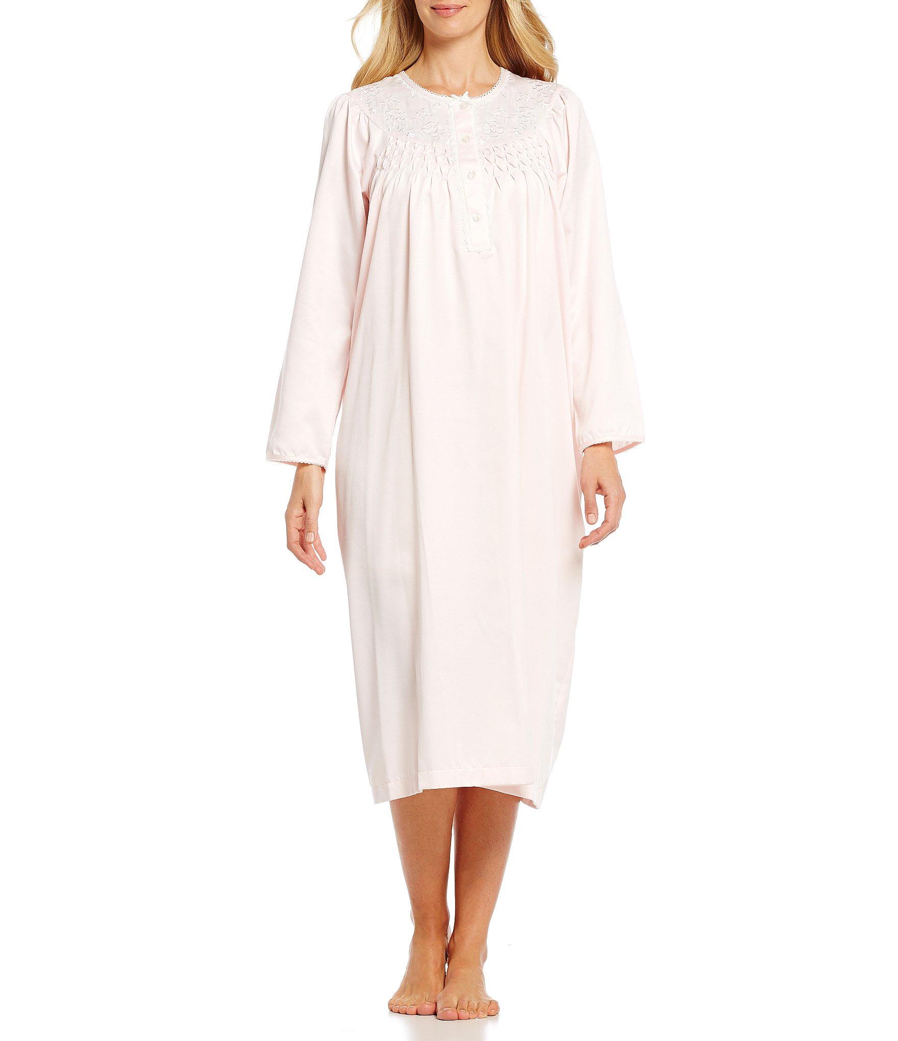 Miss Elaine Petite Brushed Back Satin Embroidered Nightgown in Peach