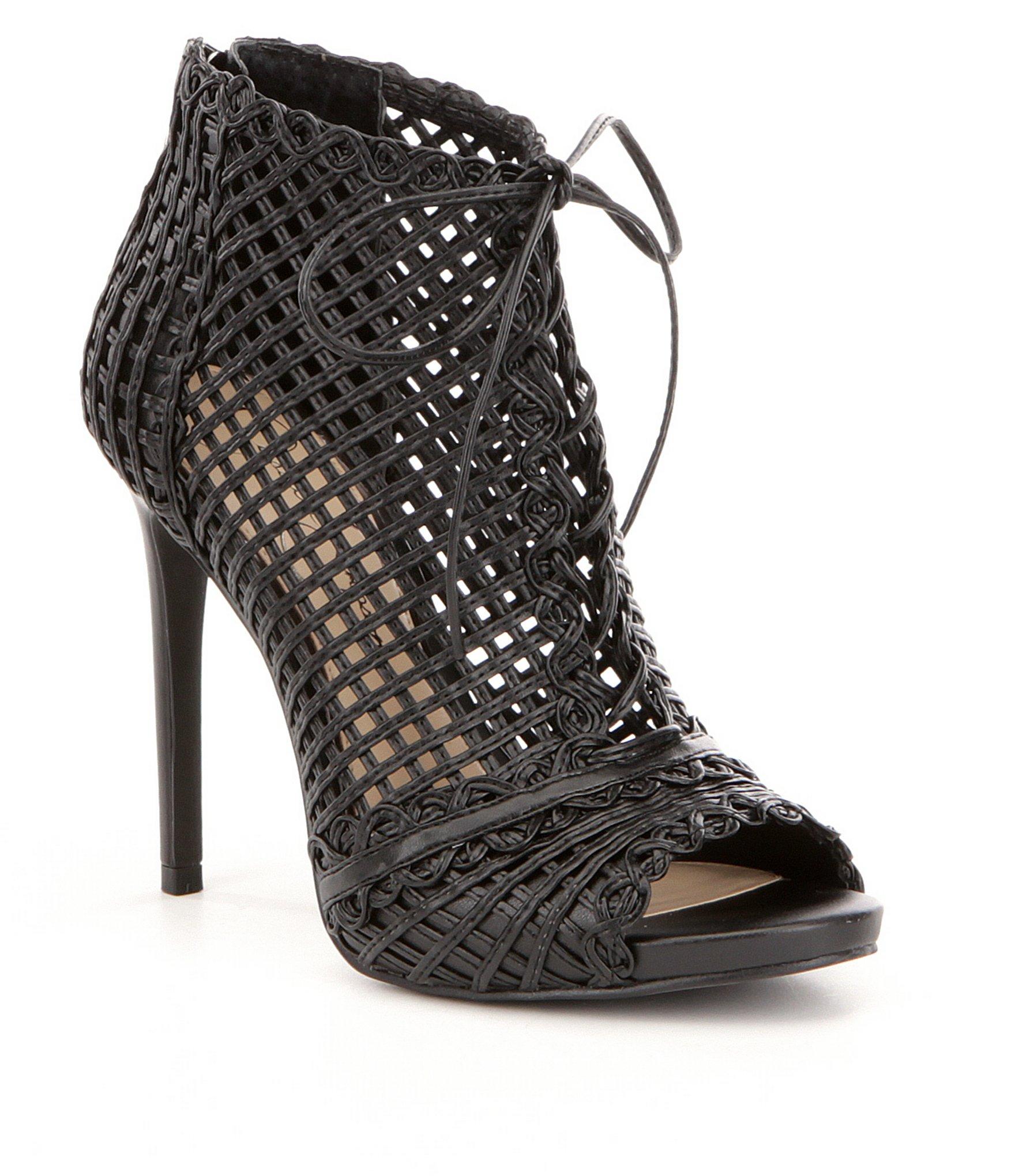 Jessica simpson Rendy Perforated Peep Toe Lace Up Pumps in Black | Lyst