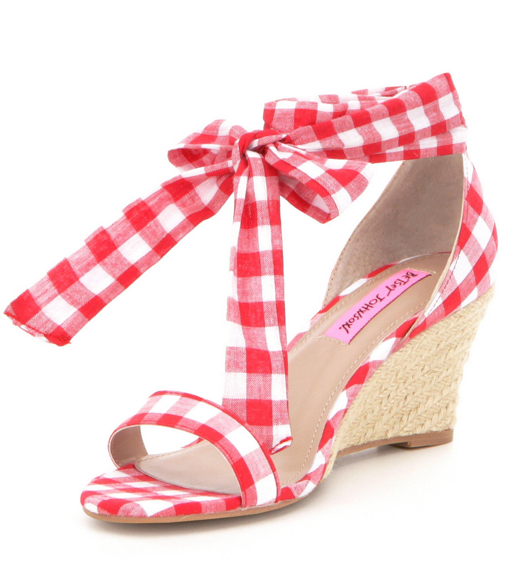 Lyst - Betsey Johnson Jemi Gingham Fabric Ankle Tie Cork Wedge Sandals in Red