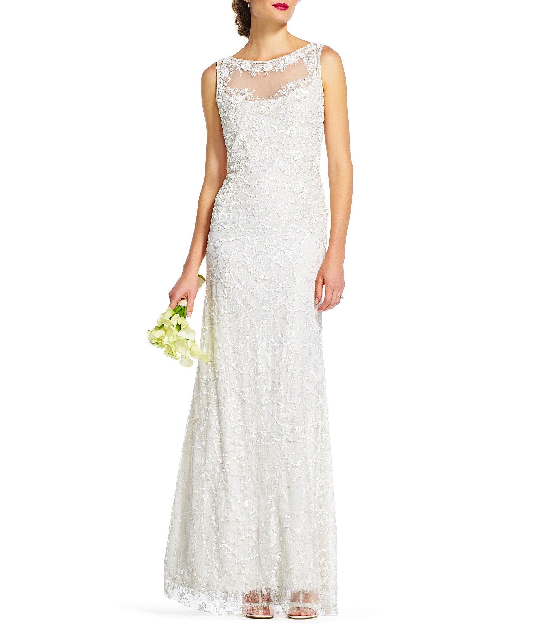 Adrianna Papell Round Neck Sleeveless Illusion Beaded Lace Gown In
