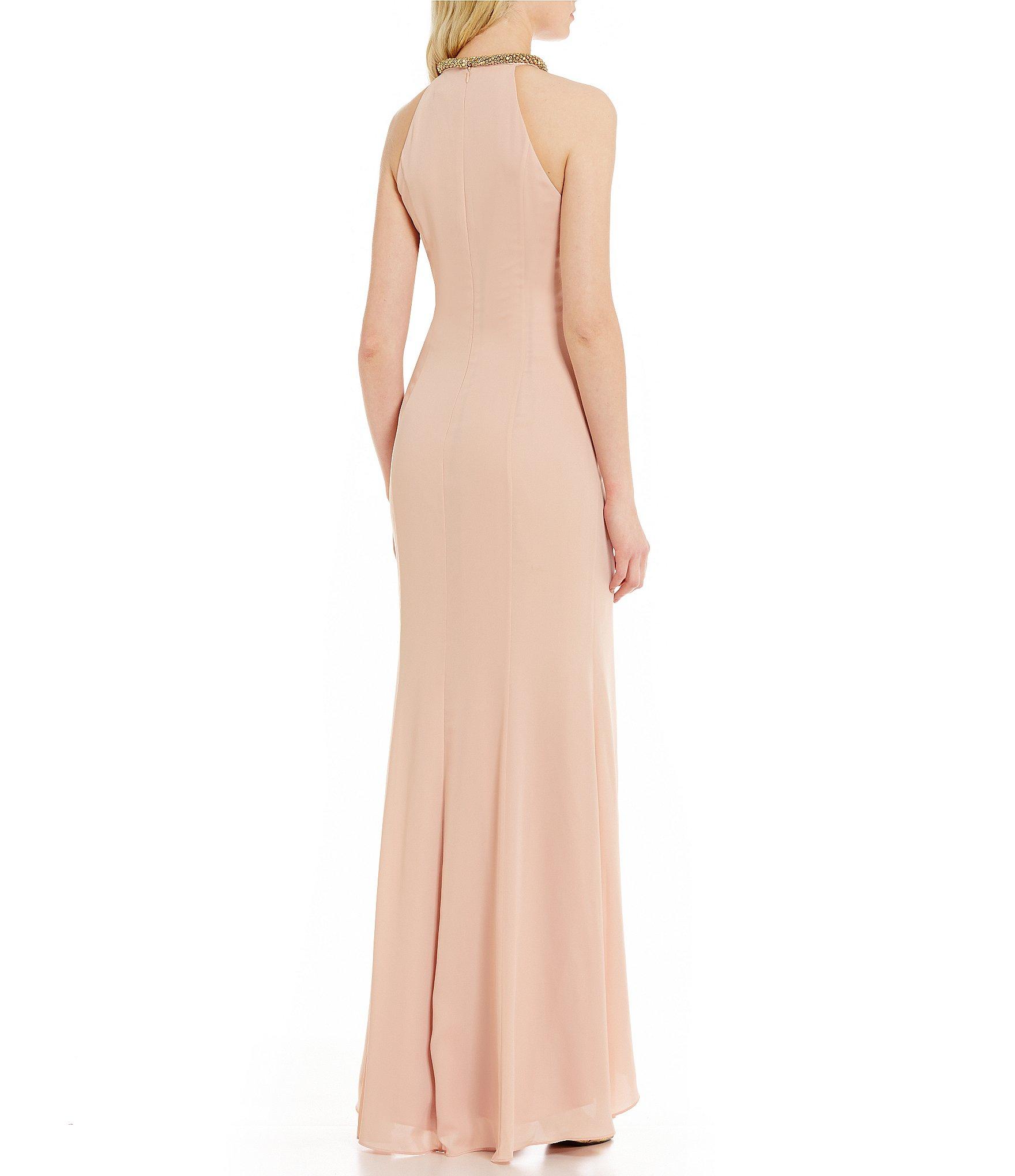 Calvin Klein Beaded Neck Halter Sleeveless Chiffon Gown in Pink - Lyst