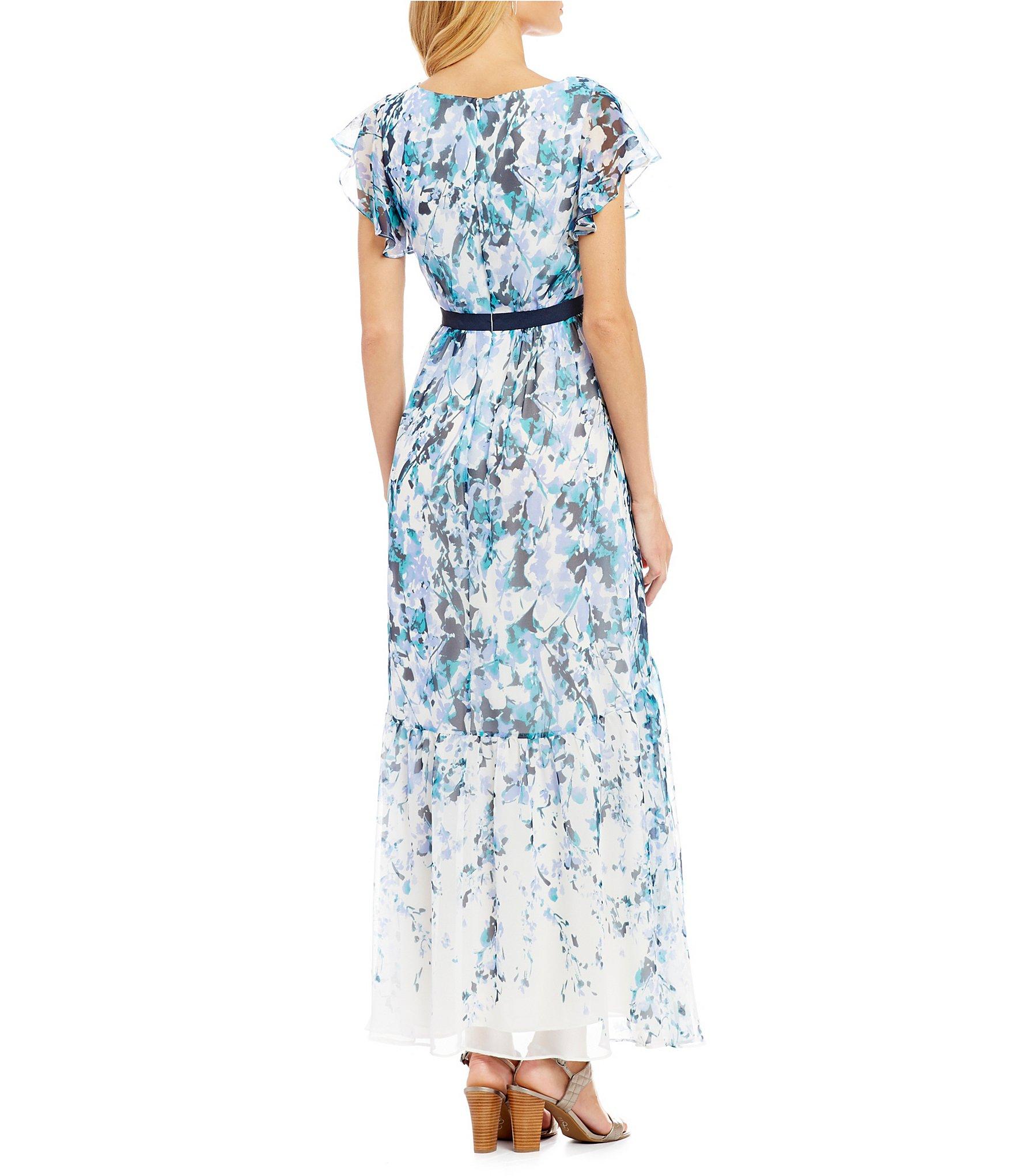 Adrianna Papell Chiffon Floral Cascade Printed Maxi Dress in Blue - Lyst