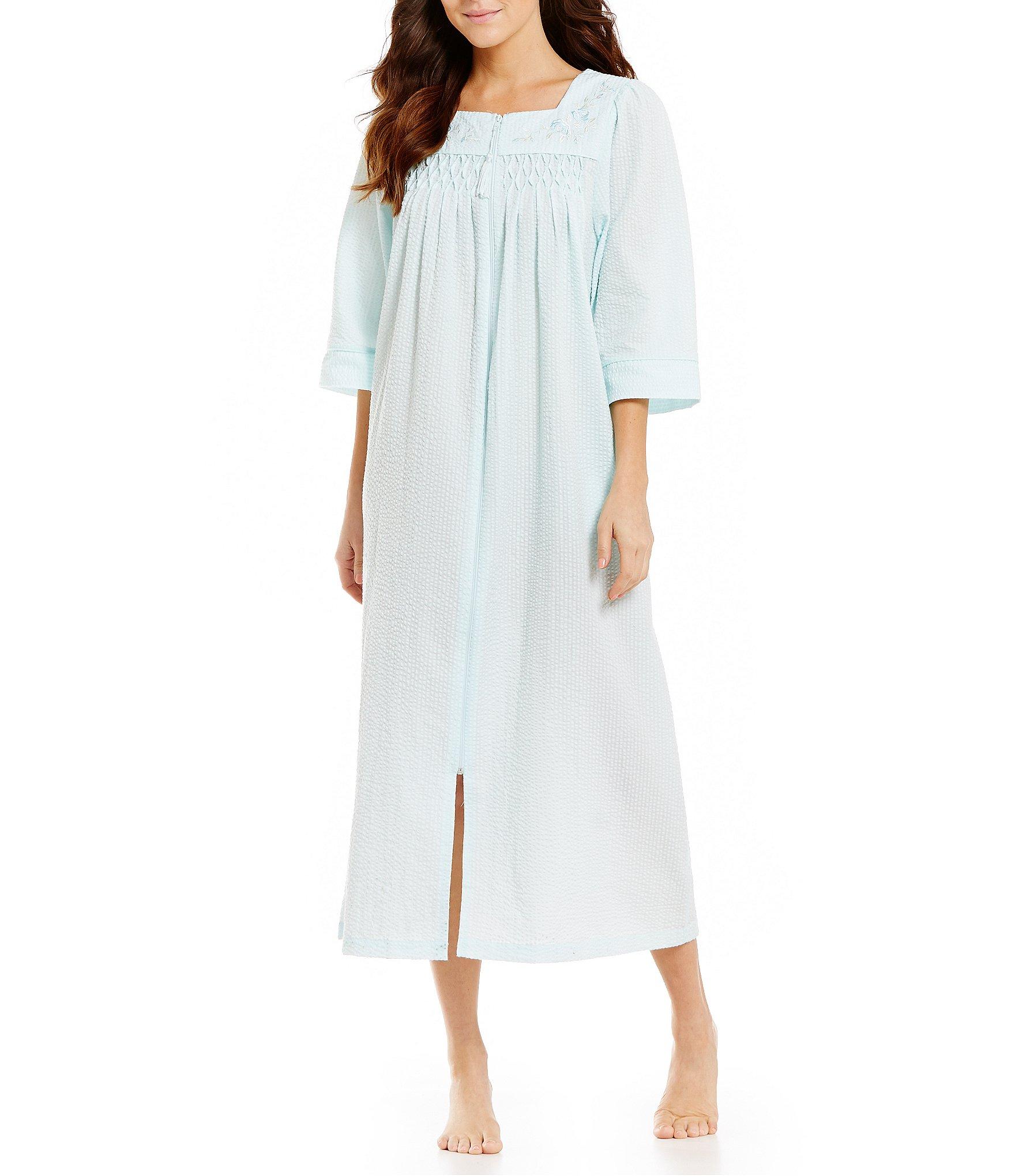 Miss elaine Floralembroidered Striped Seersucker Zip Robe in Blue Lyst