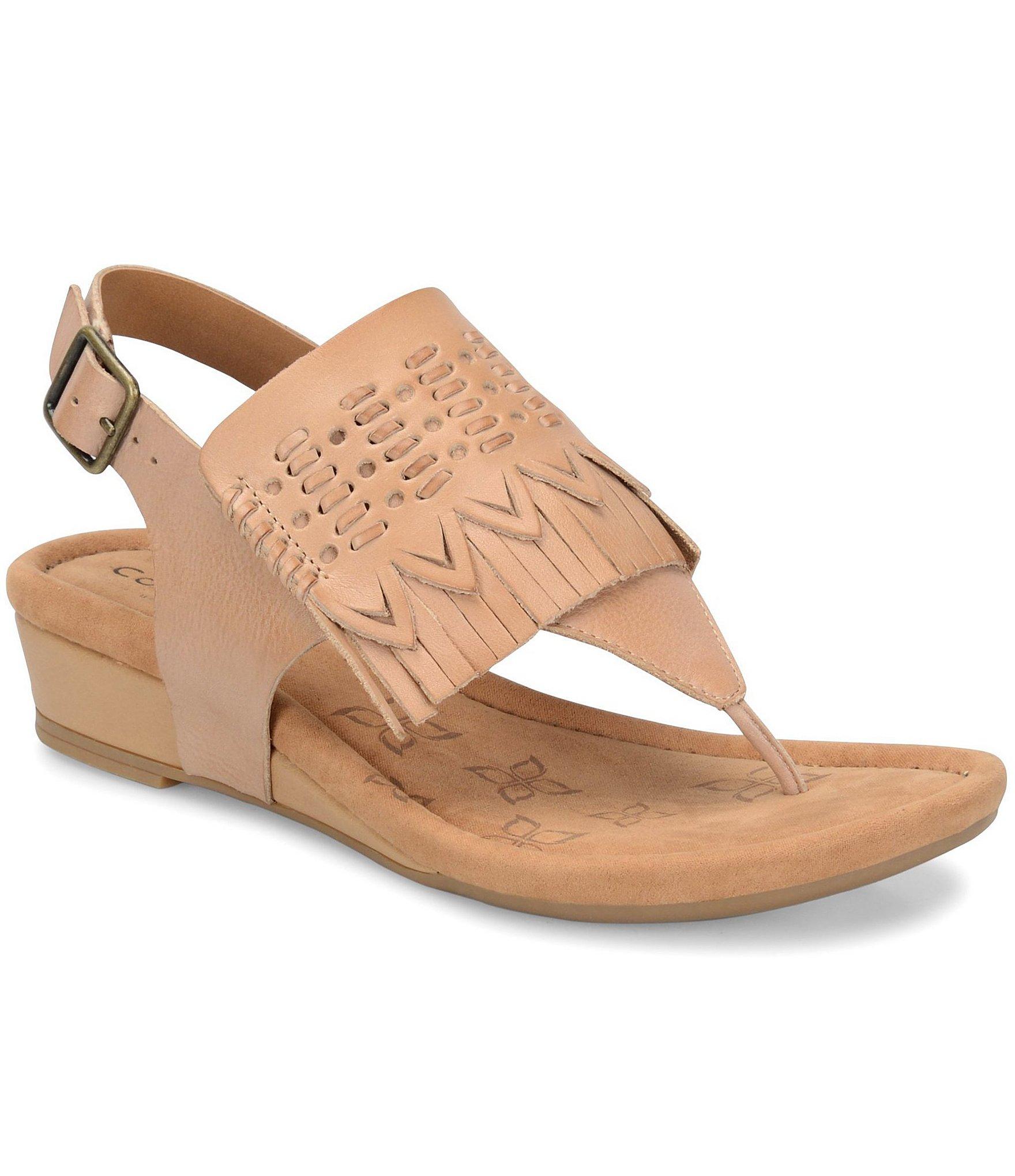 Lyst Comfortiva Shayla Leather Fringe Sling Back Low Wedge Sandals In Natural 