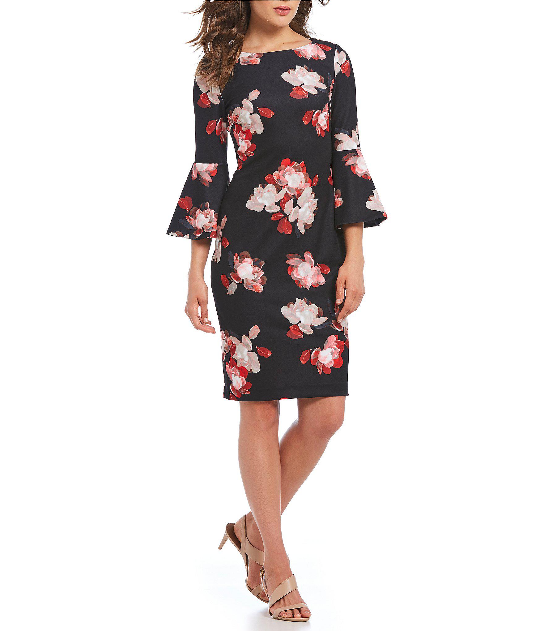 Calvin Klein Floral Print Bell Sleeve Midi Sheath Dress in