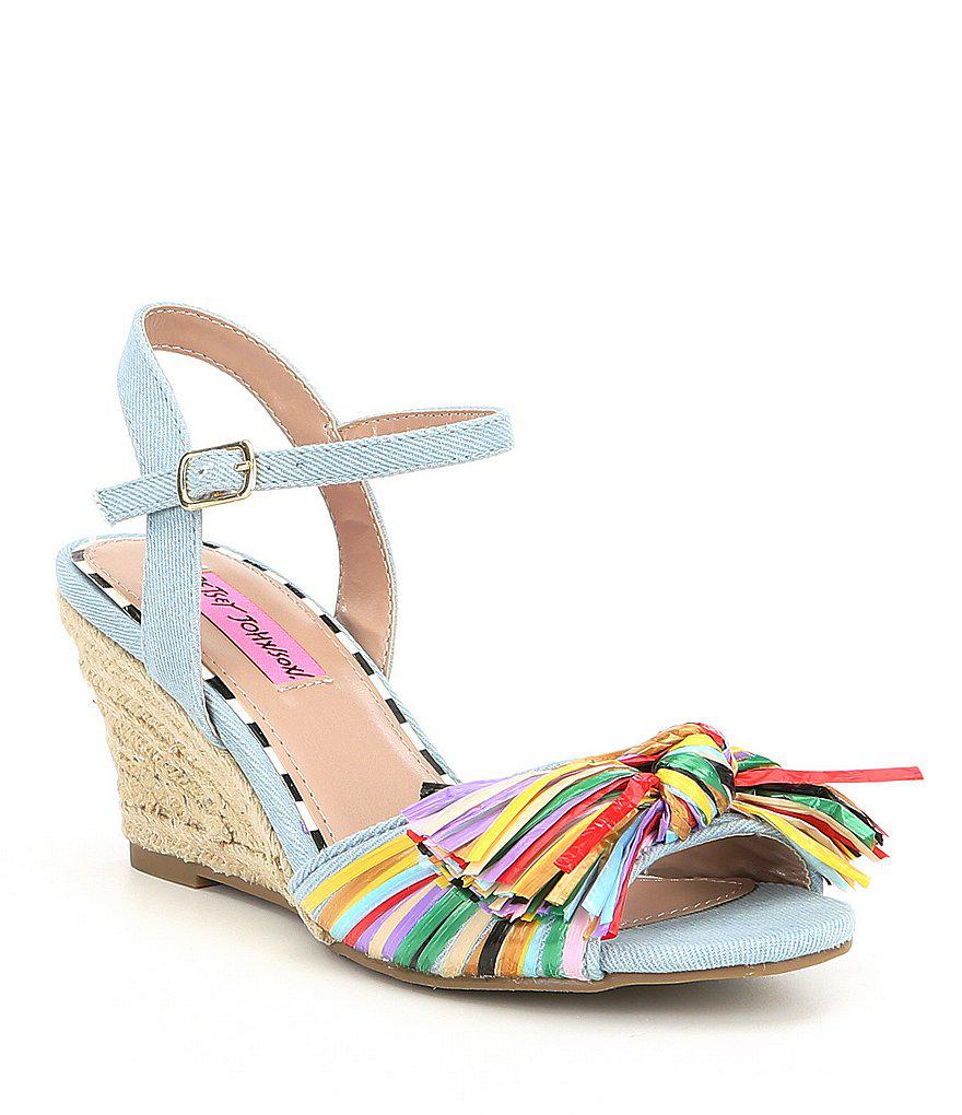 Betsey Johnson Lizzie Denim Multi Color Raffia Espadrille Wedge Sandals ...