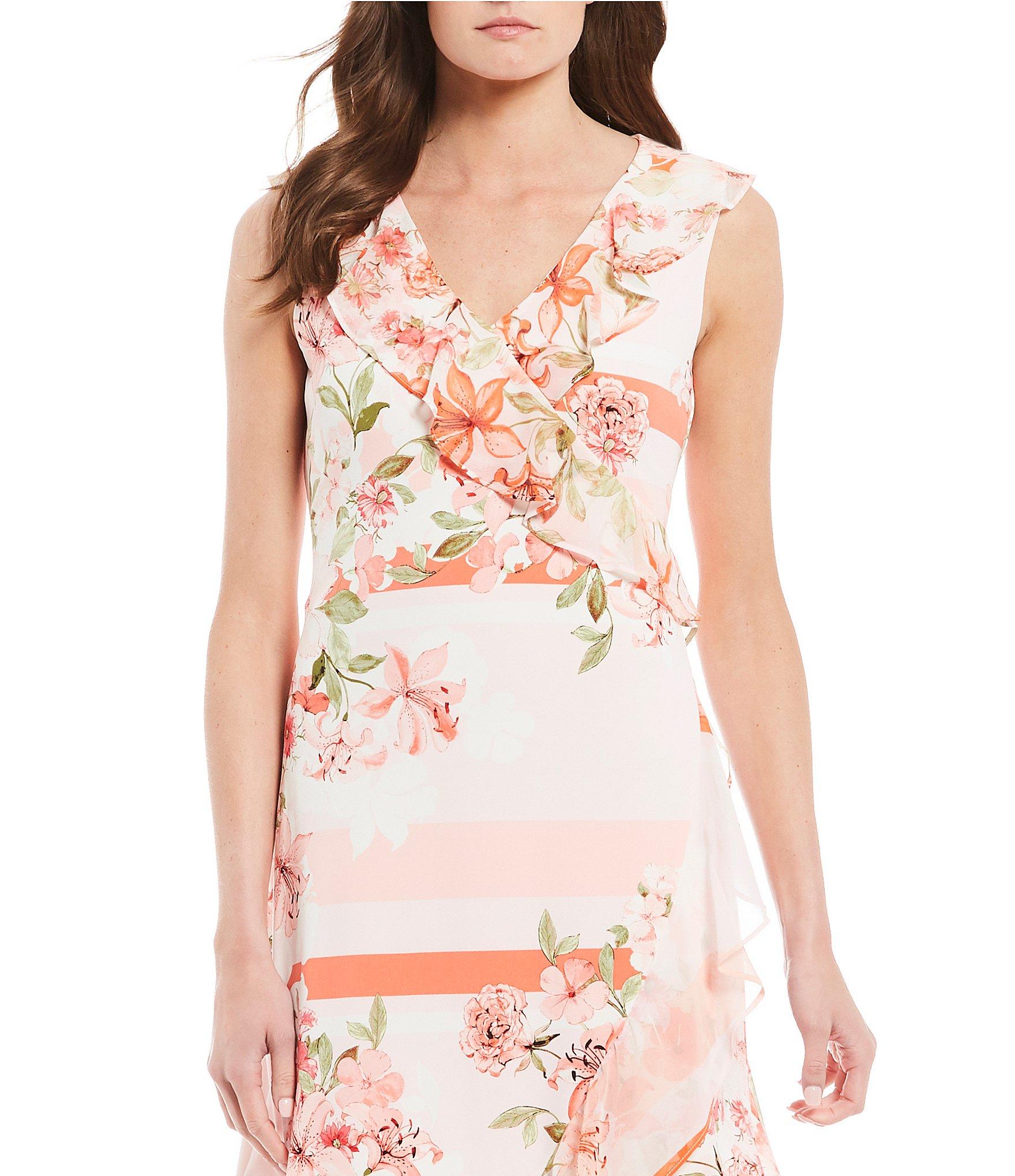 Calvin Klein Chiffon Floral Print Ruffle Trim Midi Dress in Pink Lyst