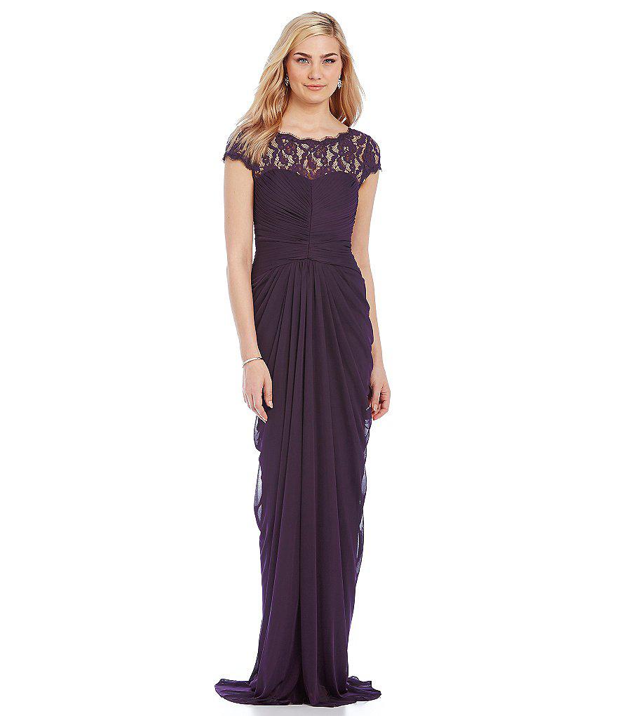Adrianna Papell Draped Illusion Lace Neckline Gown In Blue Lyst