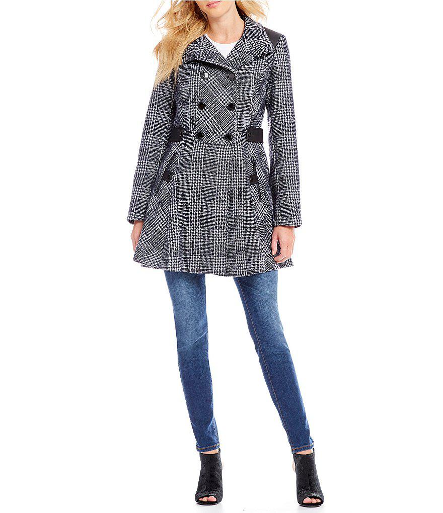 GUESS Womens Fashion Plaid Fit and Flare Double Breasted Wool Coat