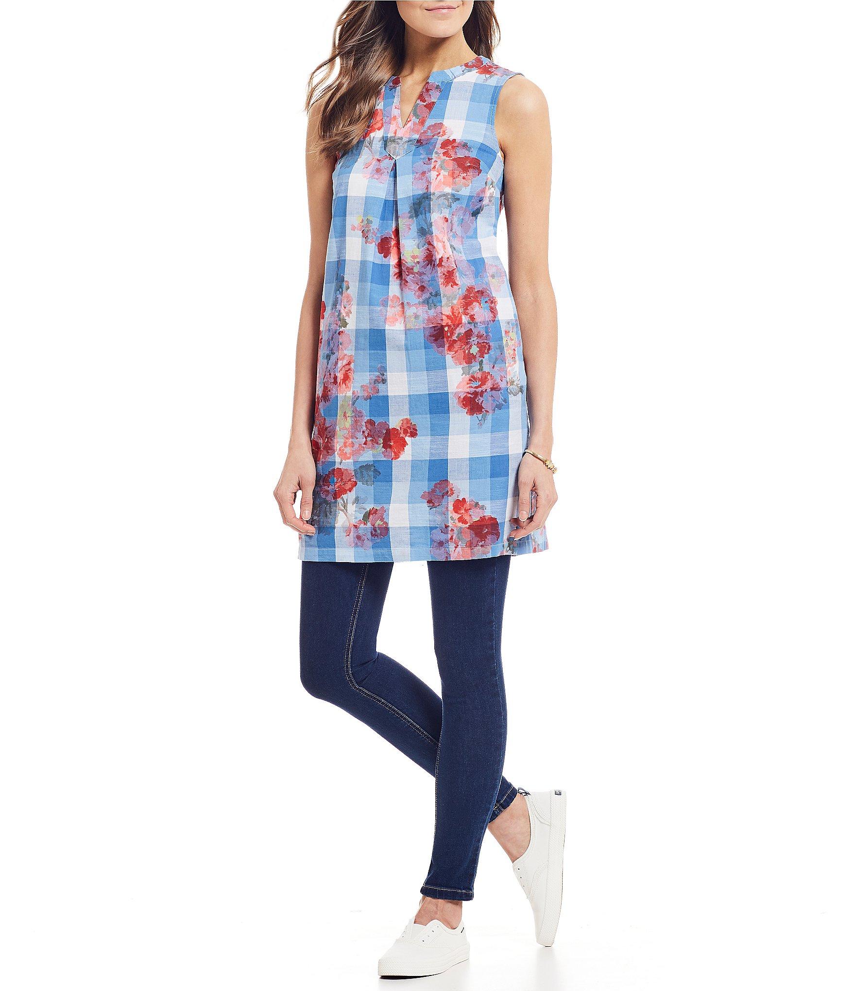 Joules Jillian Plaid Floral Print Sleeveless Tunic Top in Blue - Lyst