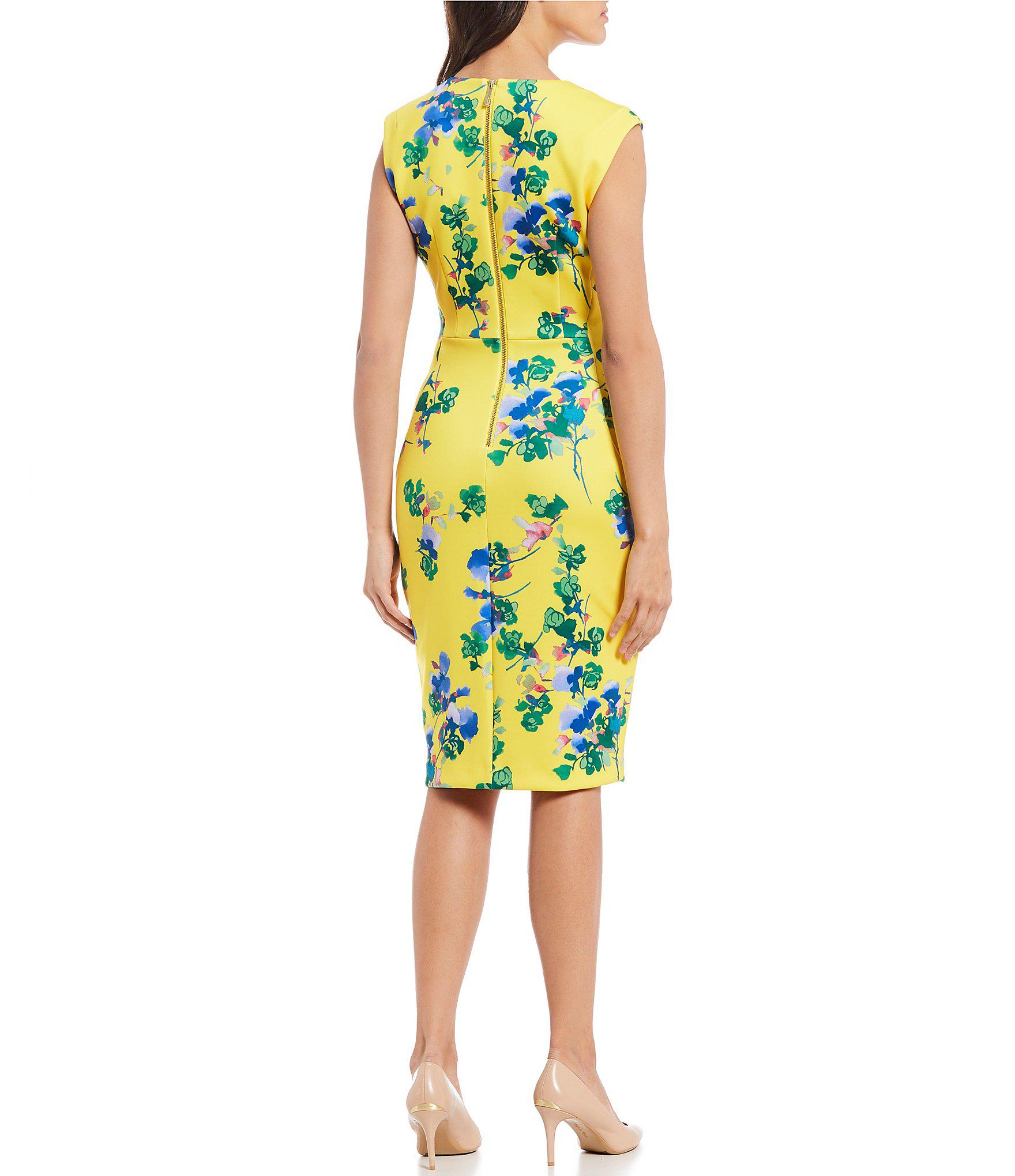 Calvin Klein Floral Print Vneck Sheath Dress in Yellow Lyst