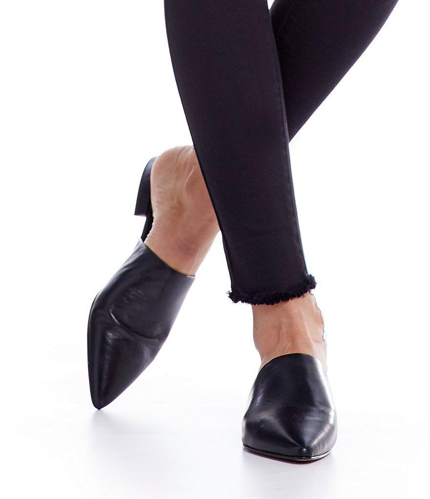 pointed toe block heel mules