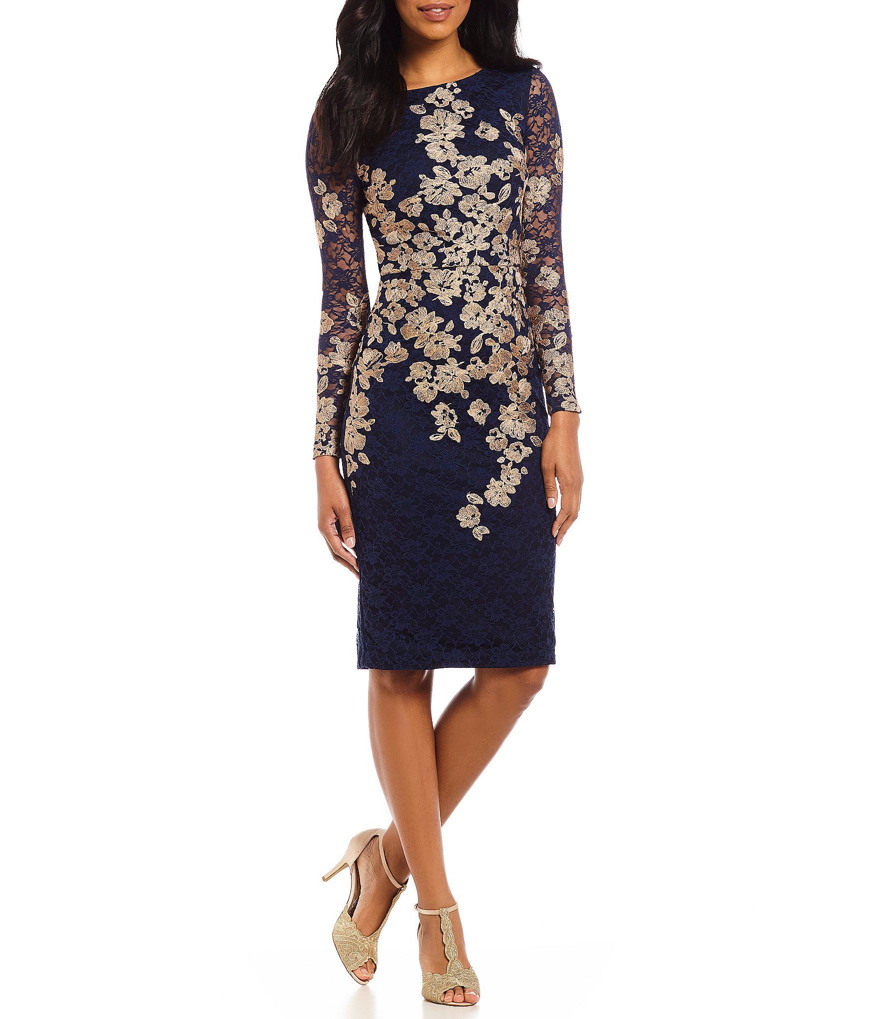Xscape Floralembroidered Lace Dress in Navy,Gold (Blue) Save 50 Lyst