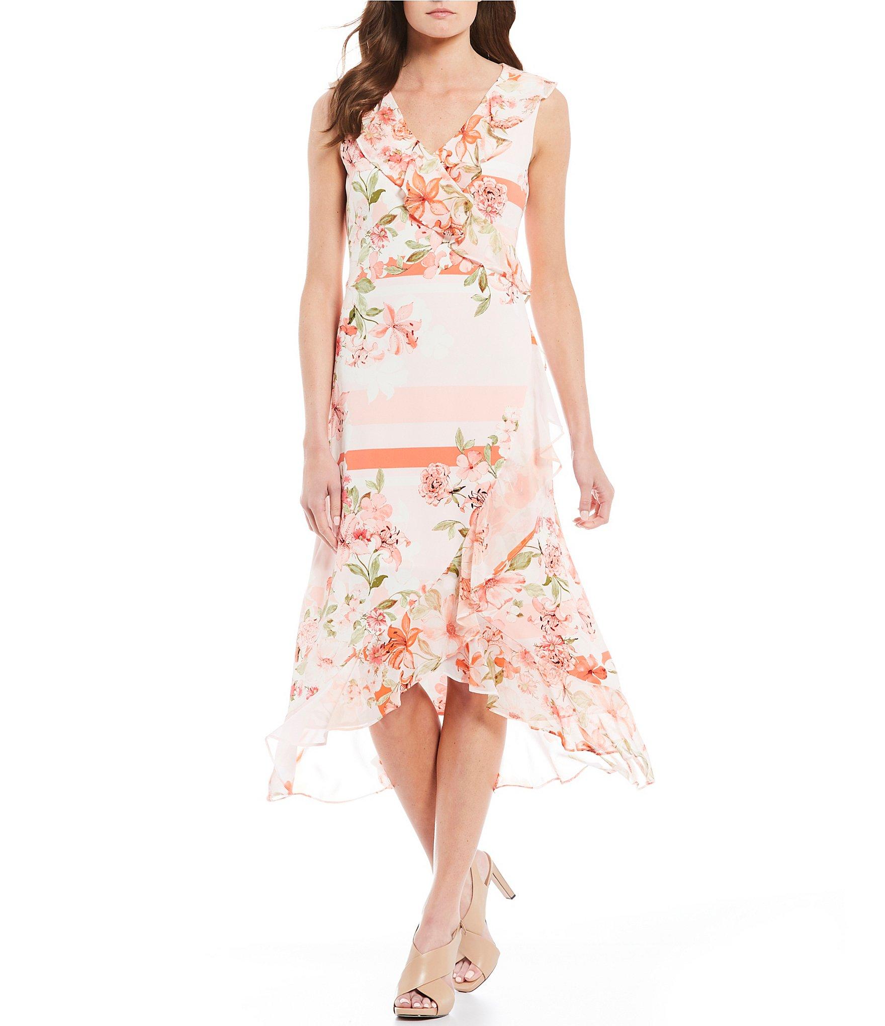 Calvin Klein Chiffon Floral Print Ruffle Trim Midi Dress in Pink Lyst