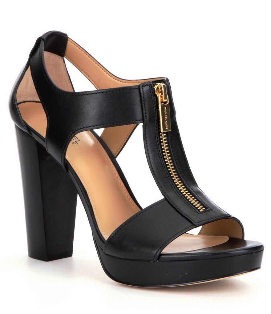 Michael michael kors Berkley Leather Zip-up Block Heel Sandals in Brown | Lyst