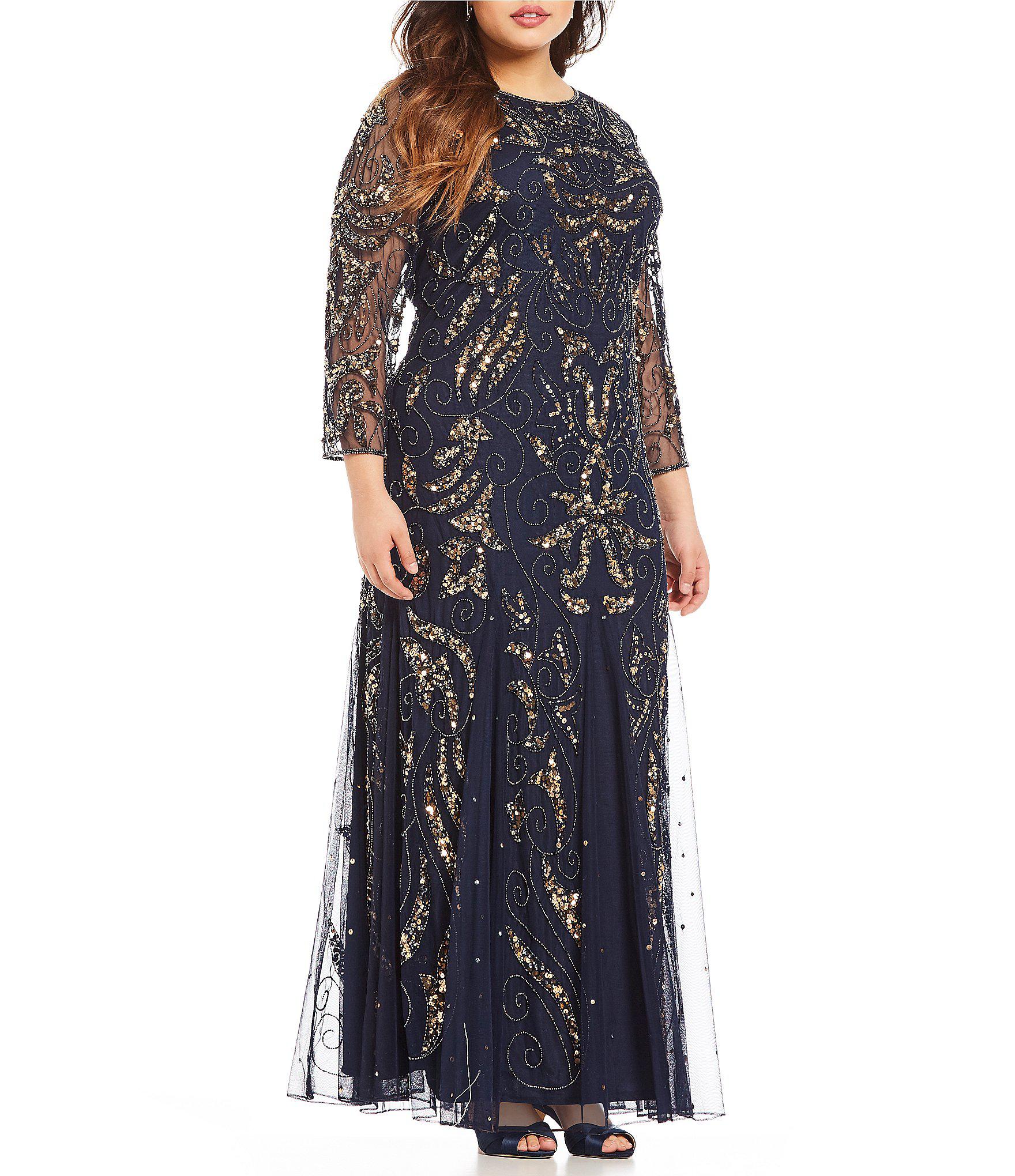 Pisarro Nights Plus Long Sleeve Beaded Gown in Navy,Gold (Blue) - Save ...
