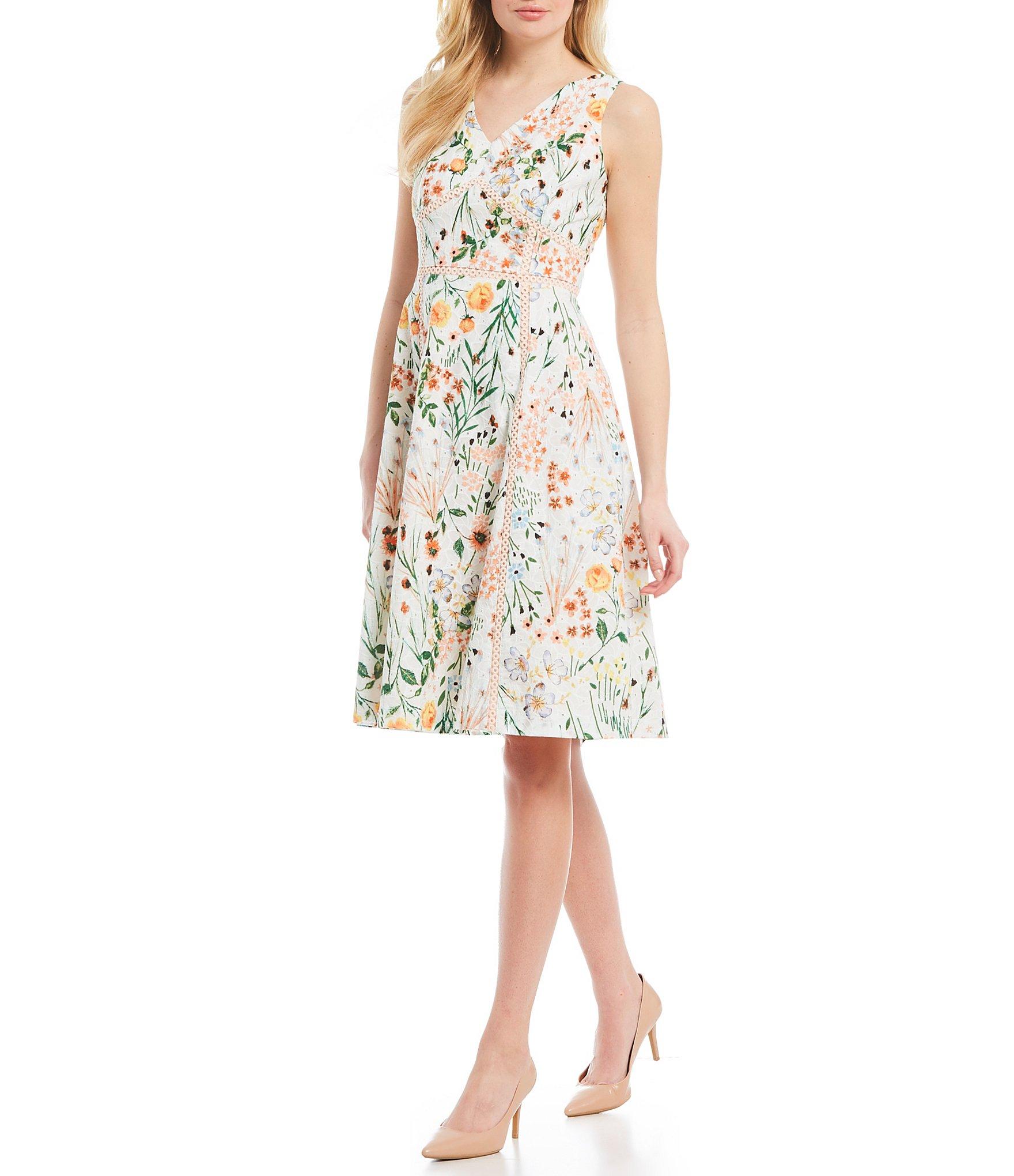 Calvin Klein Floral Print Eyelet Inset V-neck A-line Dress - Save 36% ...