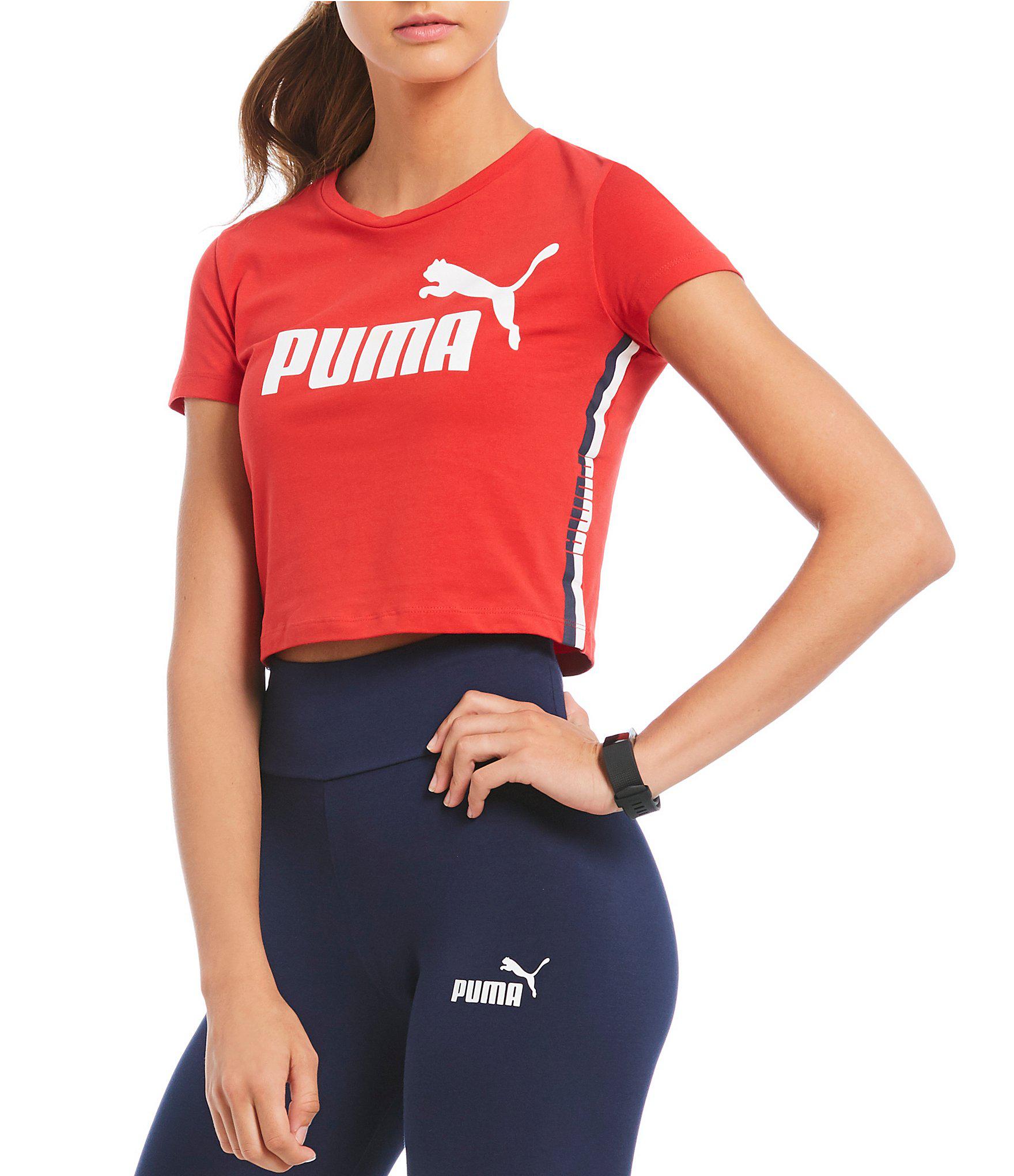 PUMA Tape Pack Logo Cropped Tee in Red 