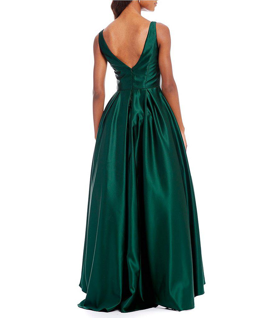 betsy and adam high neck satin ball gown