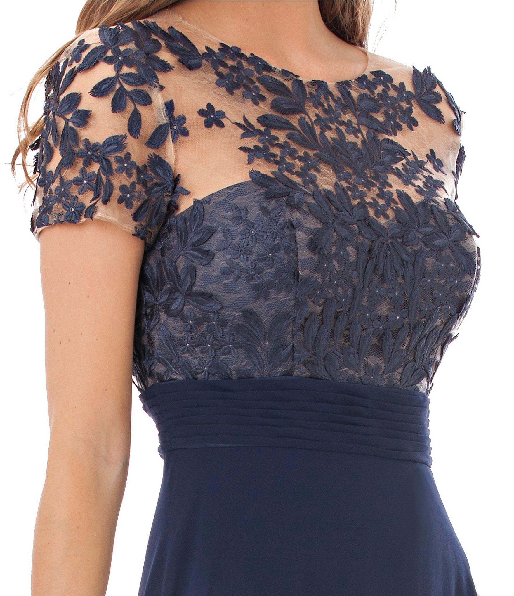 JS Collections Embroidered Illusion Bodice Gown in Navy/ Turquoise ...