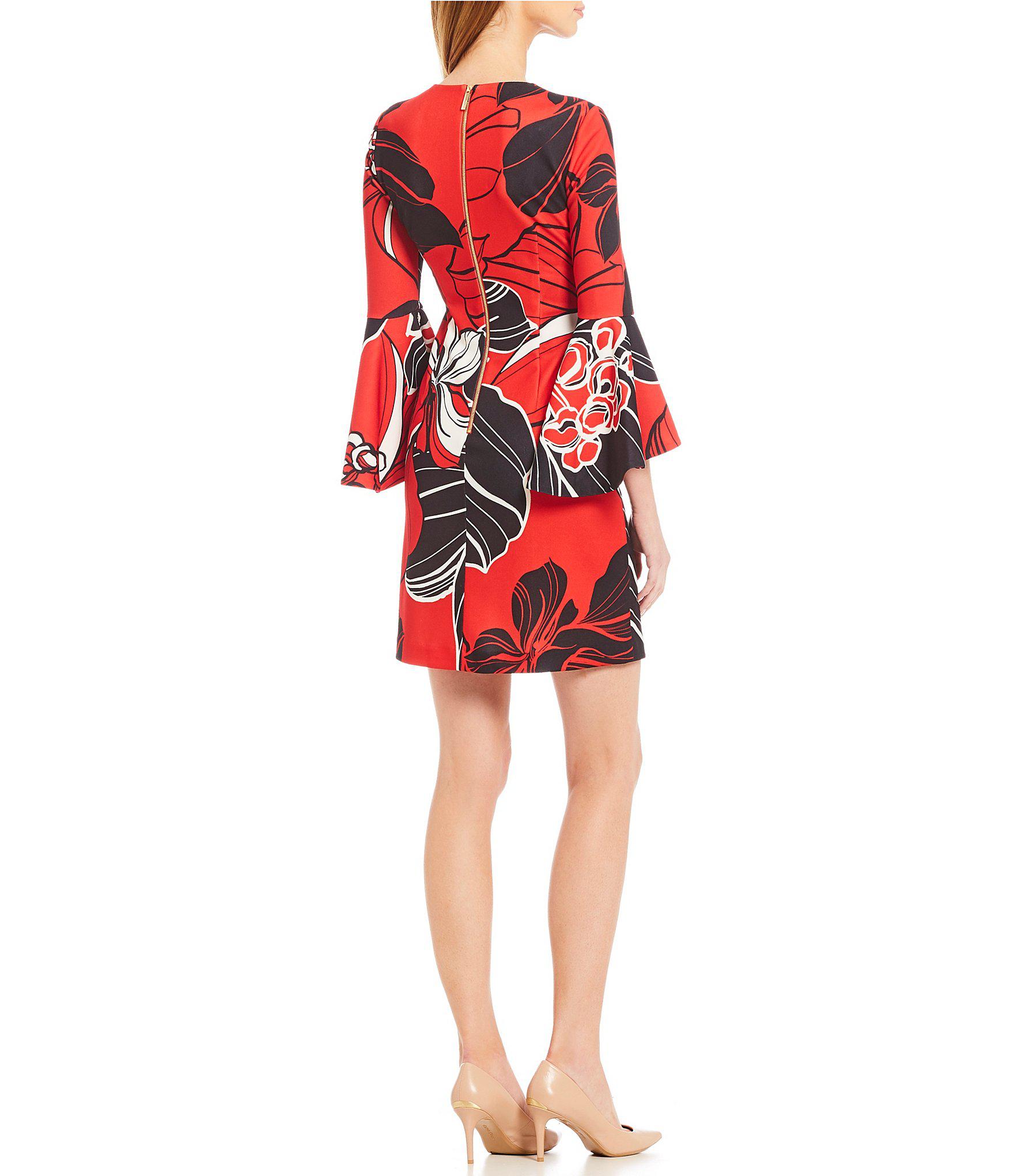 Calvin Klein Large Floral Print Bell Sleeve Shift Dress in Red - Lyst