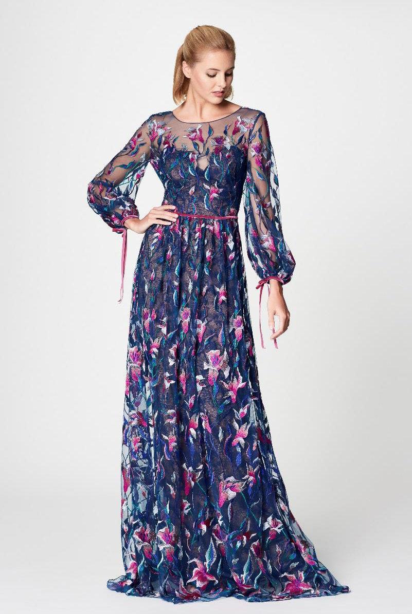 Marchesa notte Navy Blue Long Sleeve Floral Evening Gown | Lyst