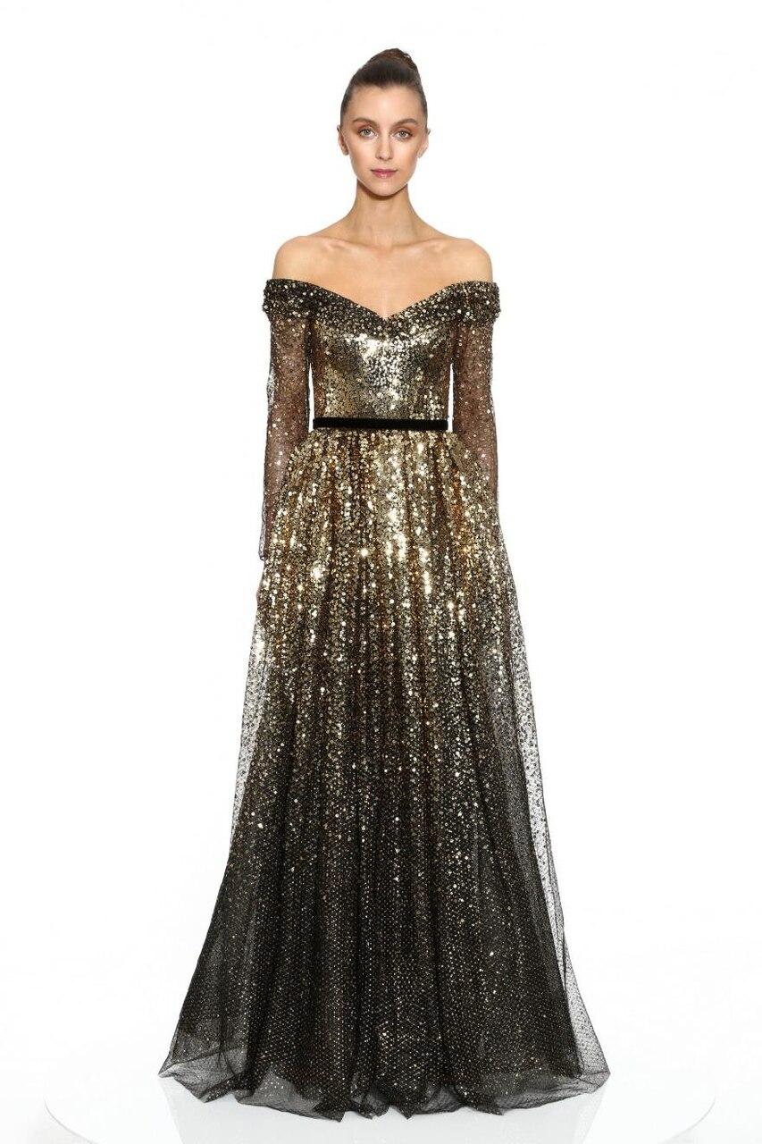 Marchesa notte Velvet Off Shoulder Black Gold Degrade Sequin Gown | Lyst