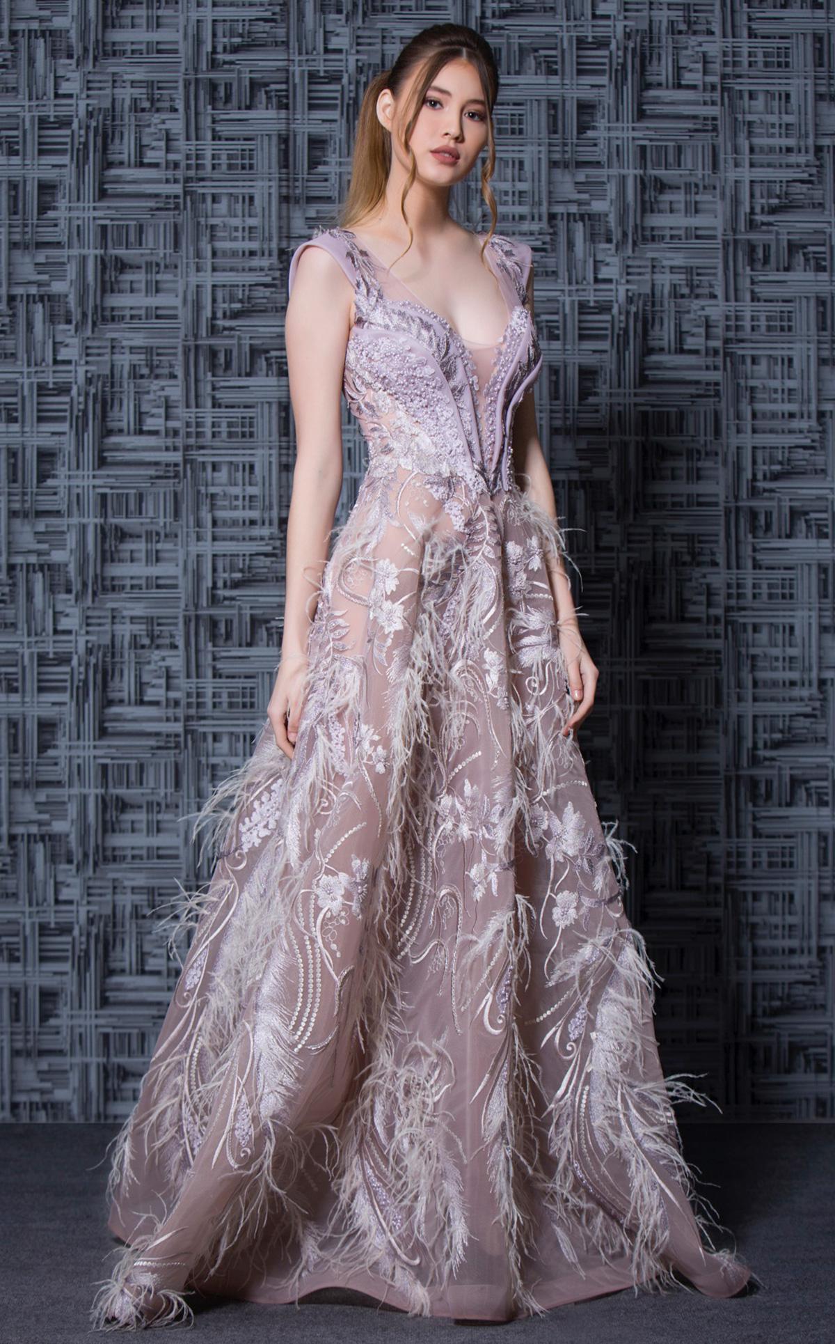 feather evening gown