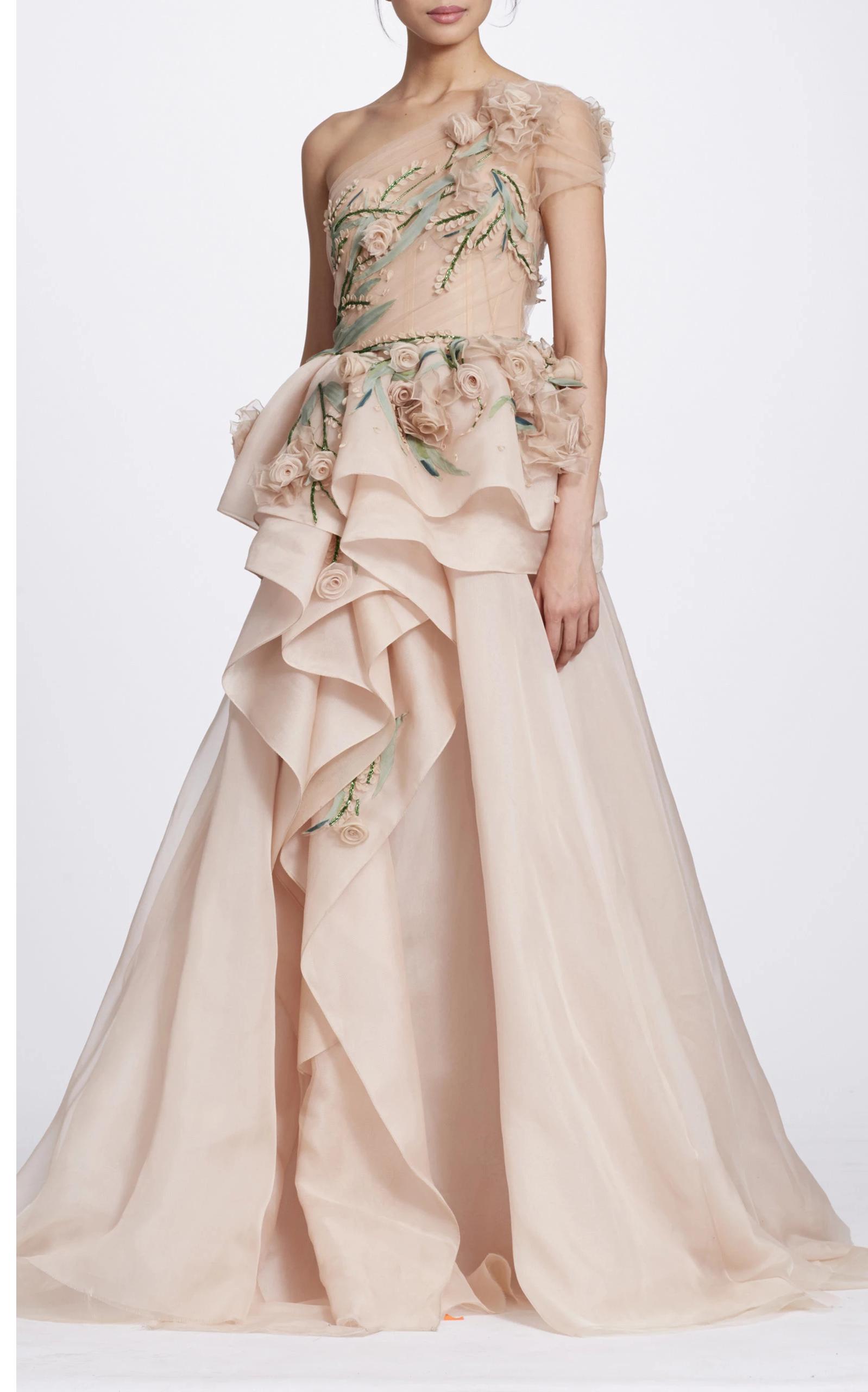 Marchesa Tulle Fall 2018 Couture One Shoulder Floral Blush Ball Gown in