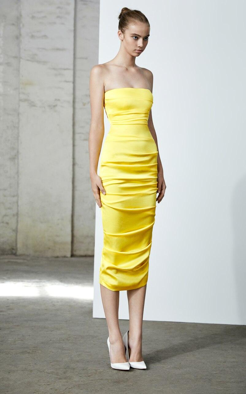 yellow strapless midi dress