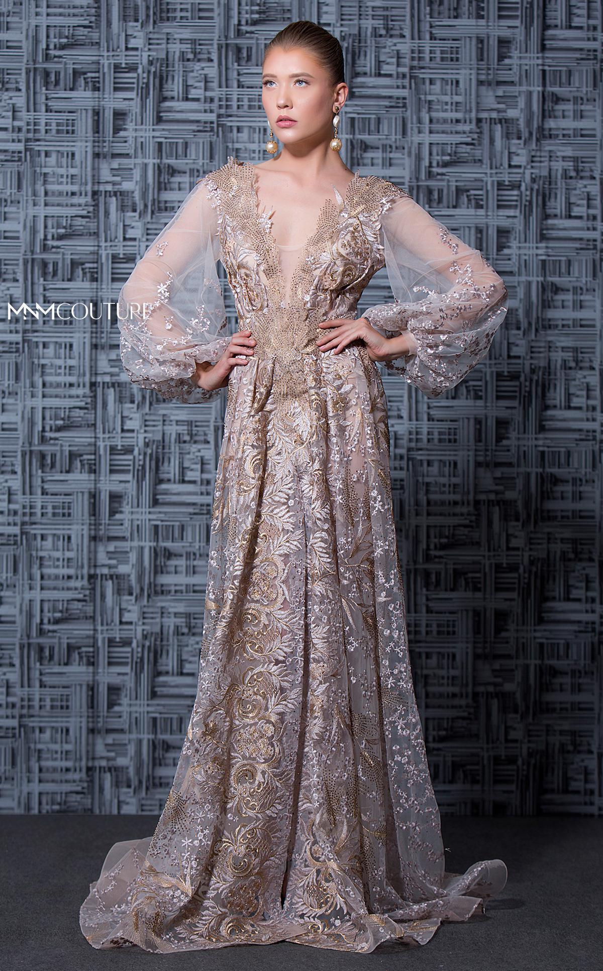Mnm Couture Beige Long Sleeve Beaded Evening Gown in ...