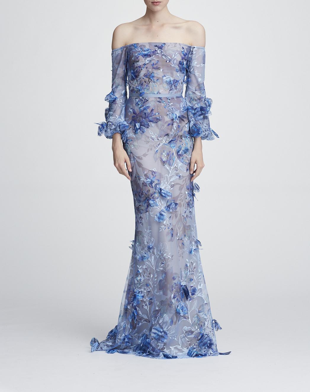 Marchesa notte Bishop Off-the-shoulder Gown in Blue | Lyst