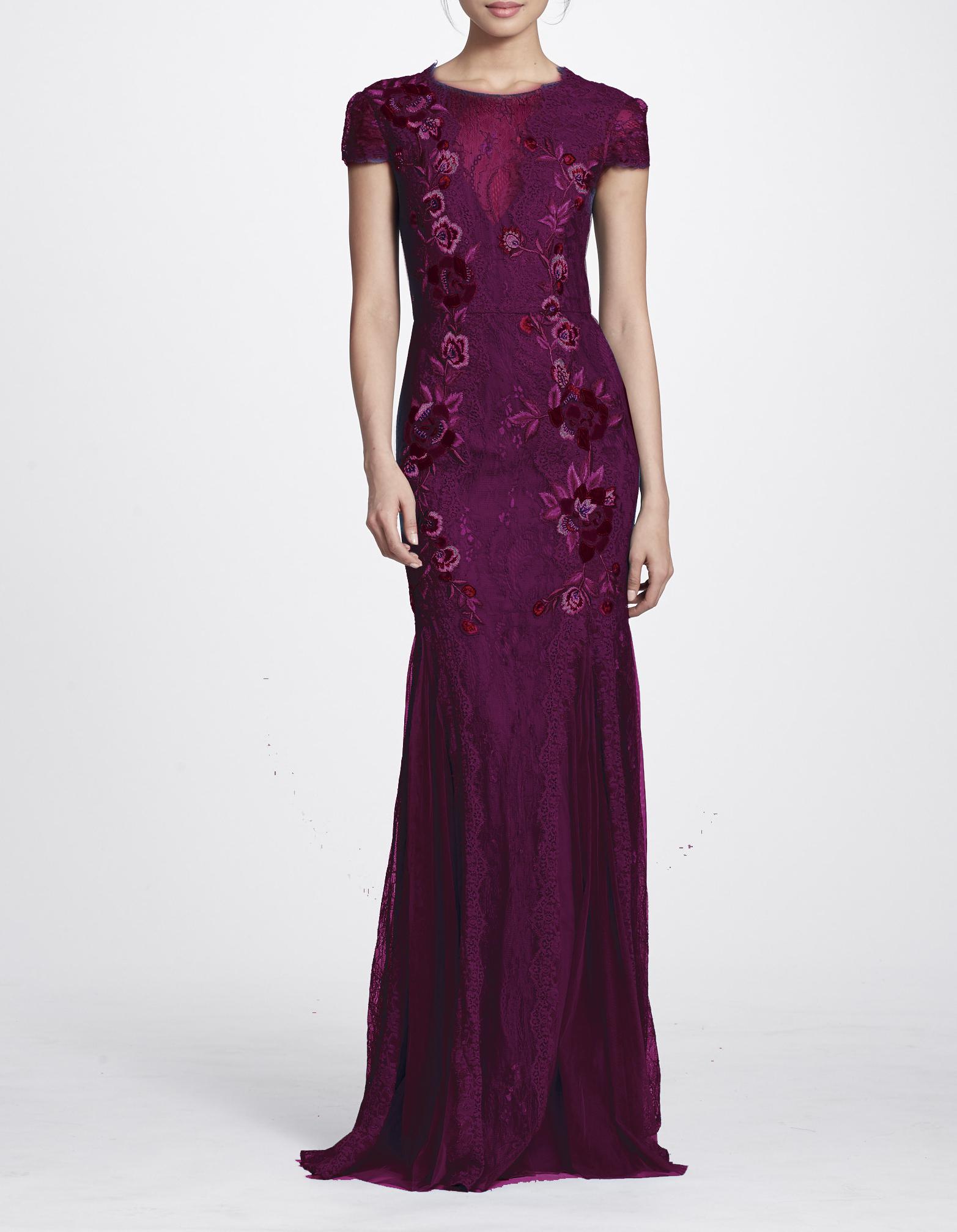 Lyst - Marchesa notte Short Sleeve Floral Embroidered Gown in Purple