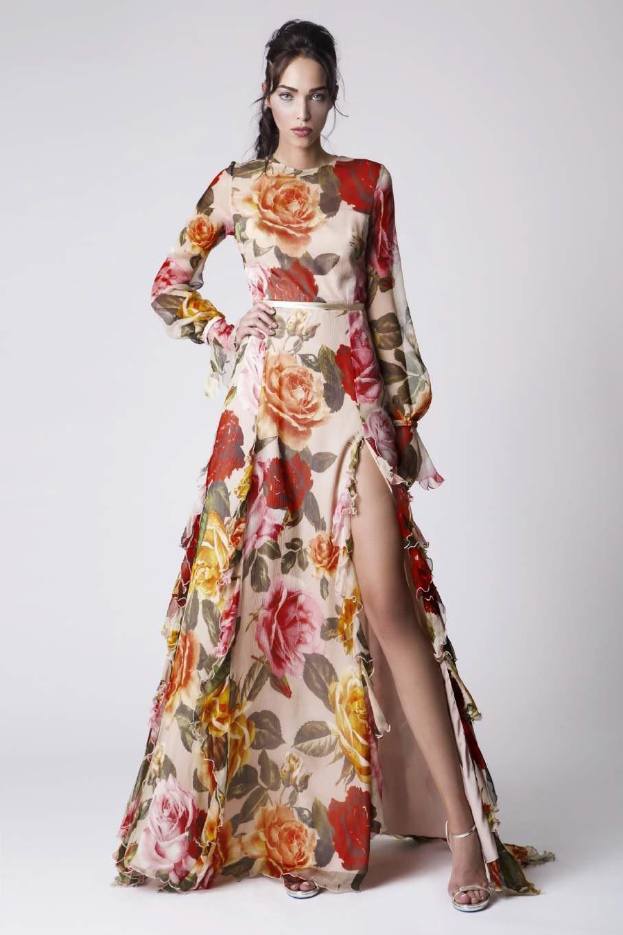 long sleeve floral evening gown