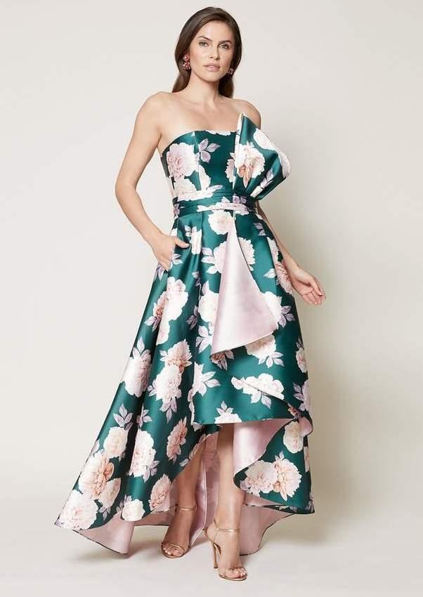 green floral strapless dress