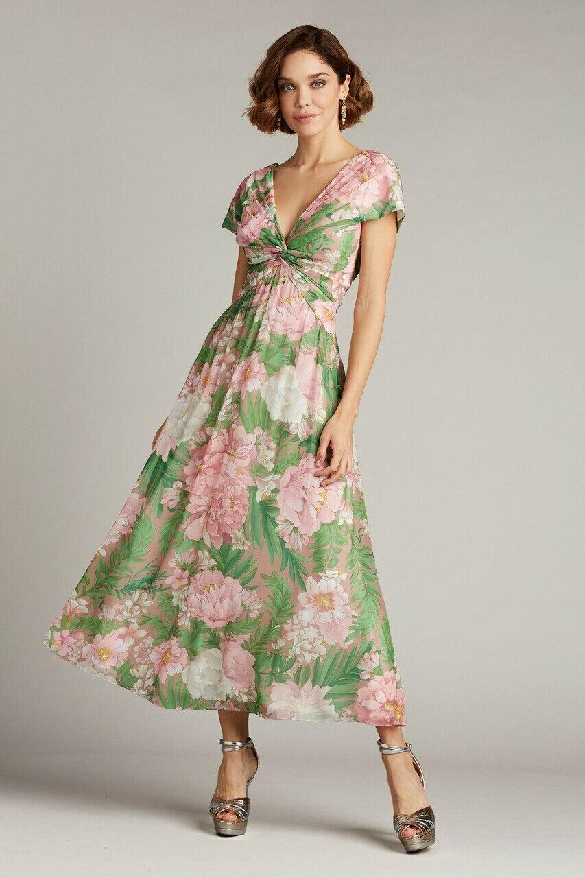 Tadashi Shoji V neck Floral Print Twist Front Midi Dress in Green