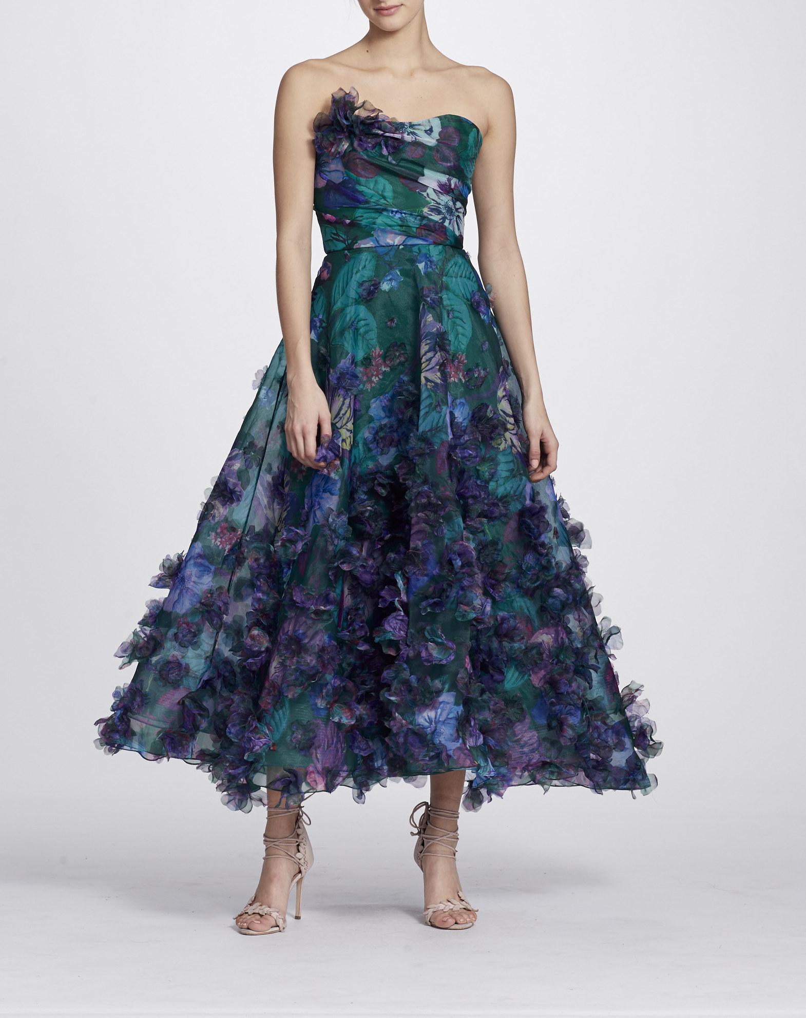 Marchesa notte Strapless 3d Floral Embroidered Midi Tea Dress in Green |  Lyst