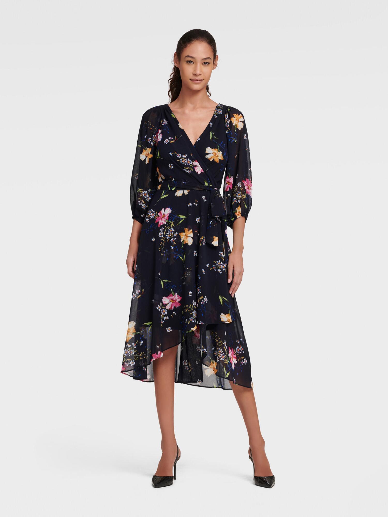 knee length floral wrap dress