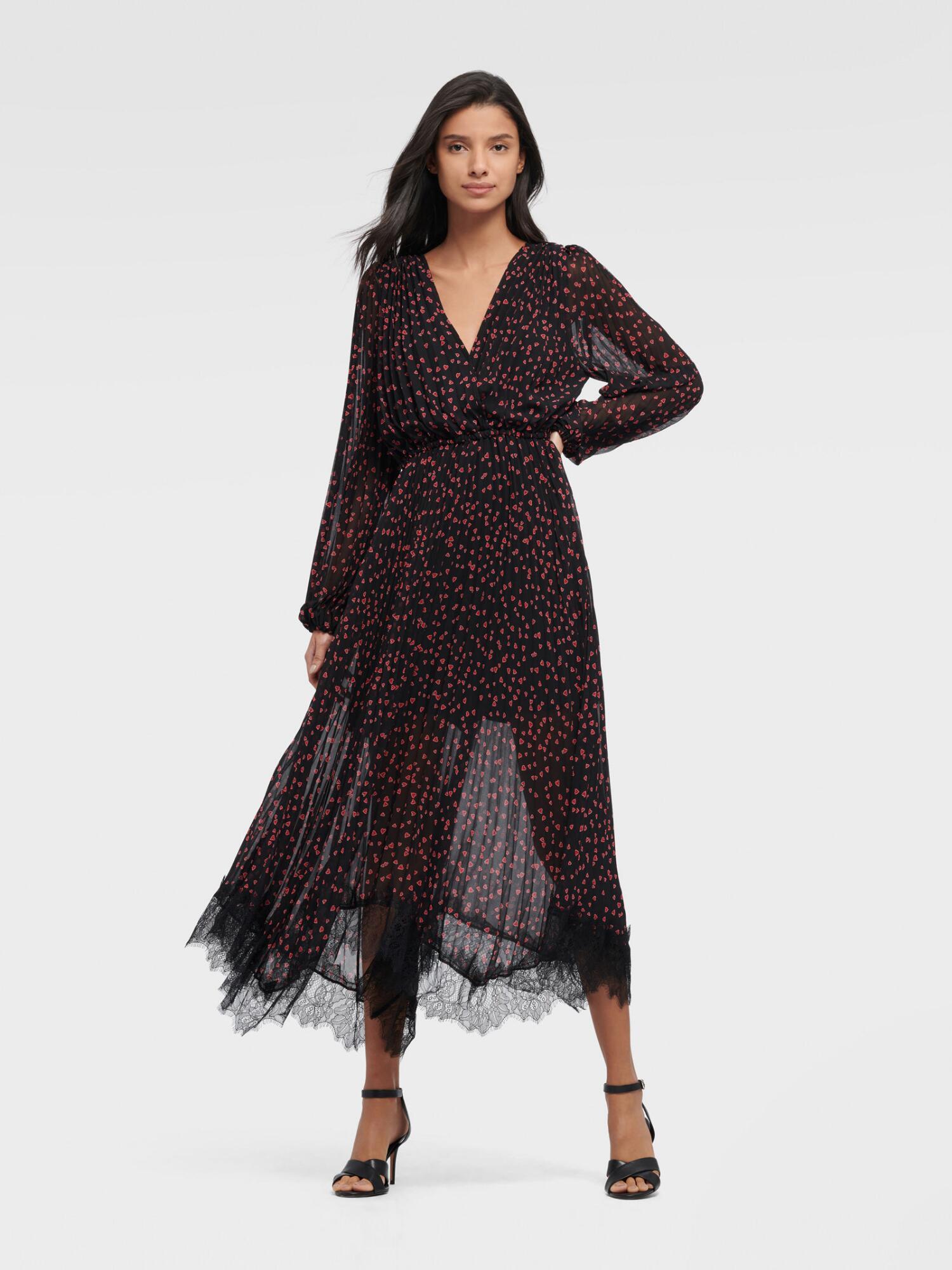 DKNY Printed Pleated Wrap Midi Dress With Lace in Black/Red (Black) | Lyst