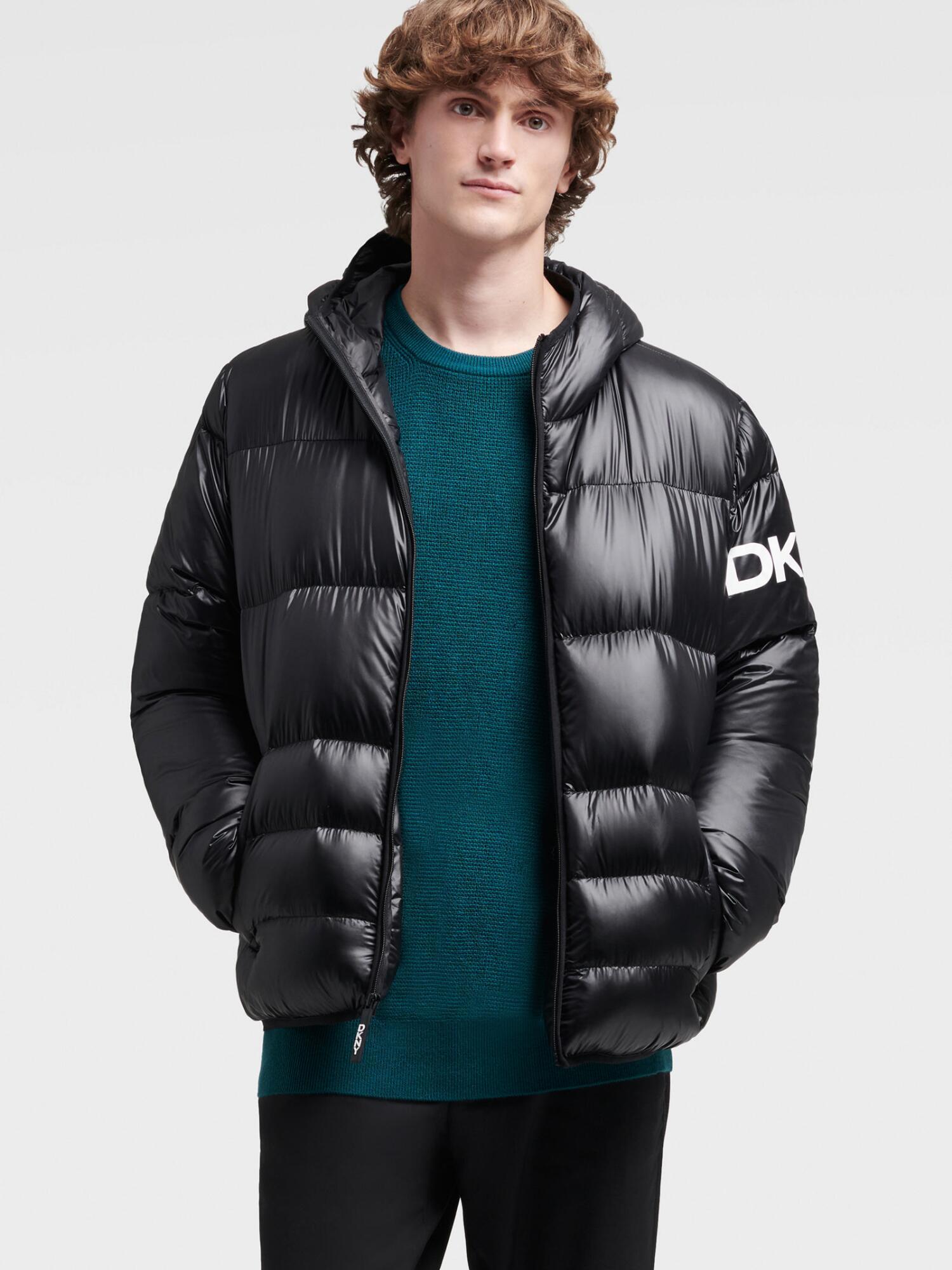 DKNY Logo Puffer Hoodie in Black for Men Lyst