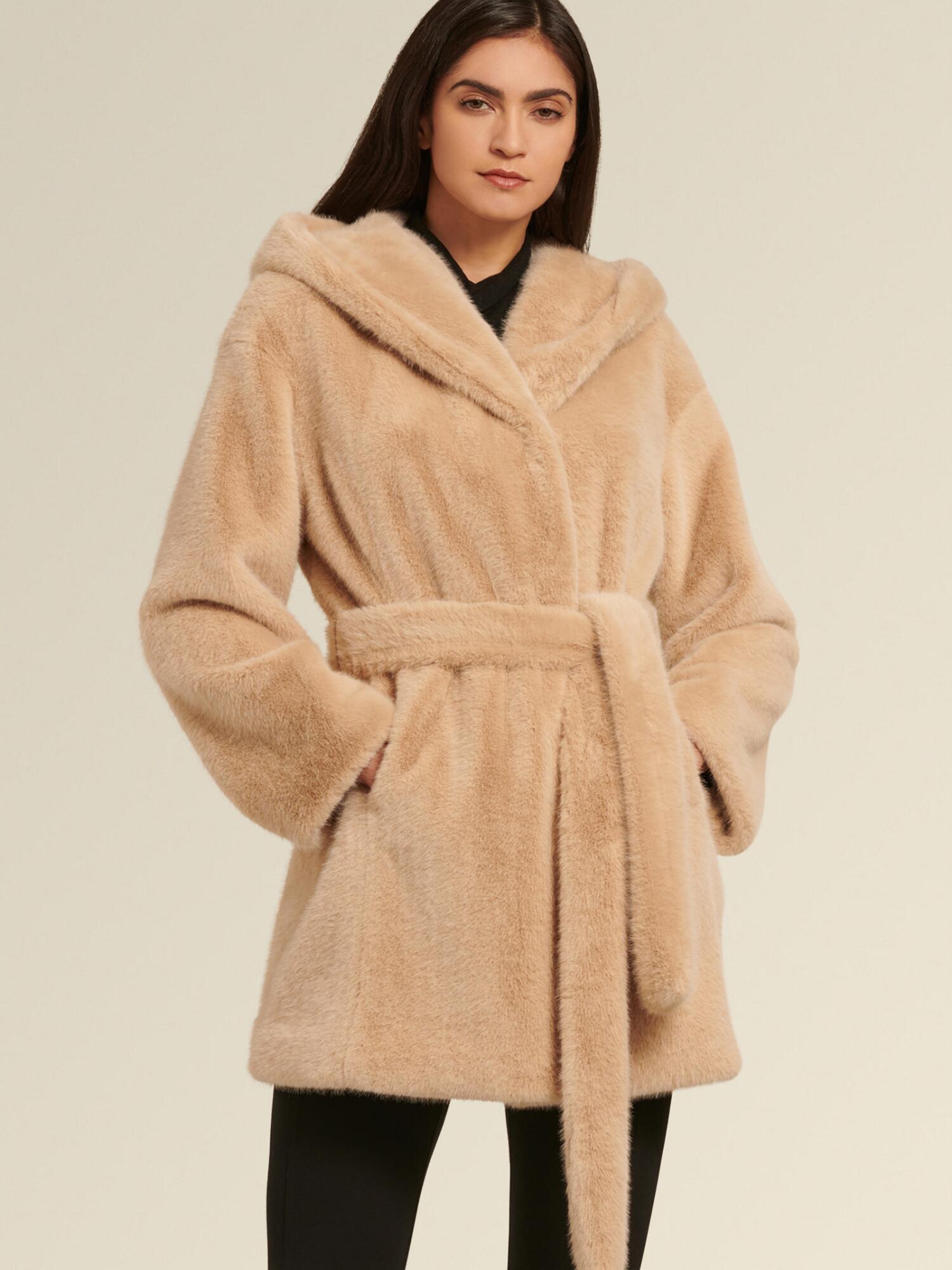 DKNY Donna Karan Belted Faux Fur Coat With Hood in Beige (Natural) - Lyst