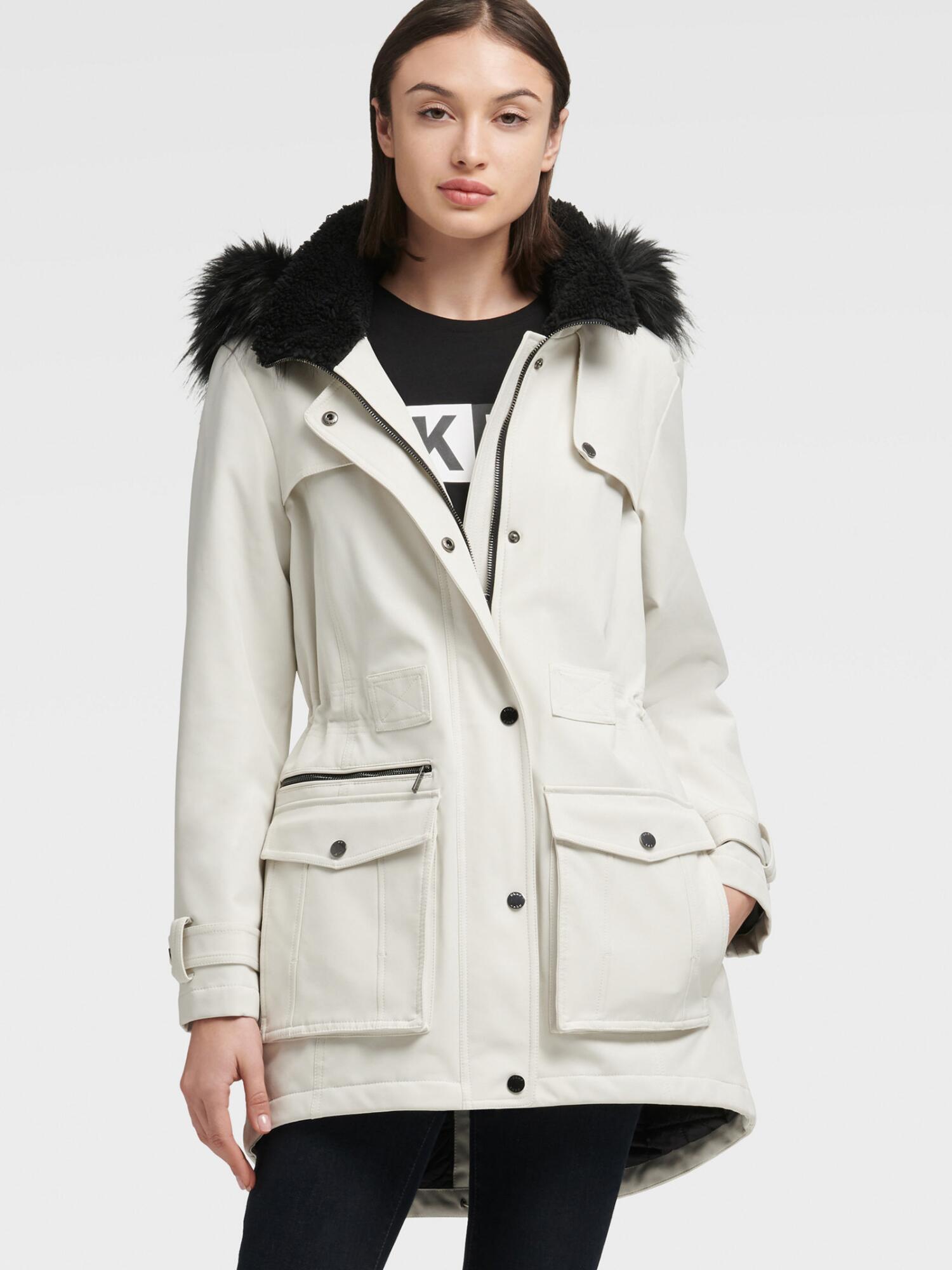 DKNY Soft Shell Parka With Faux Fur Hood - Lyst