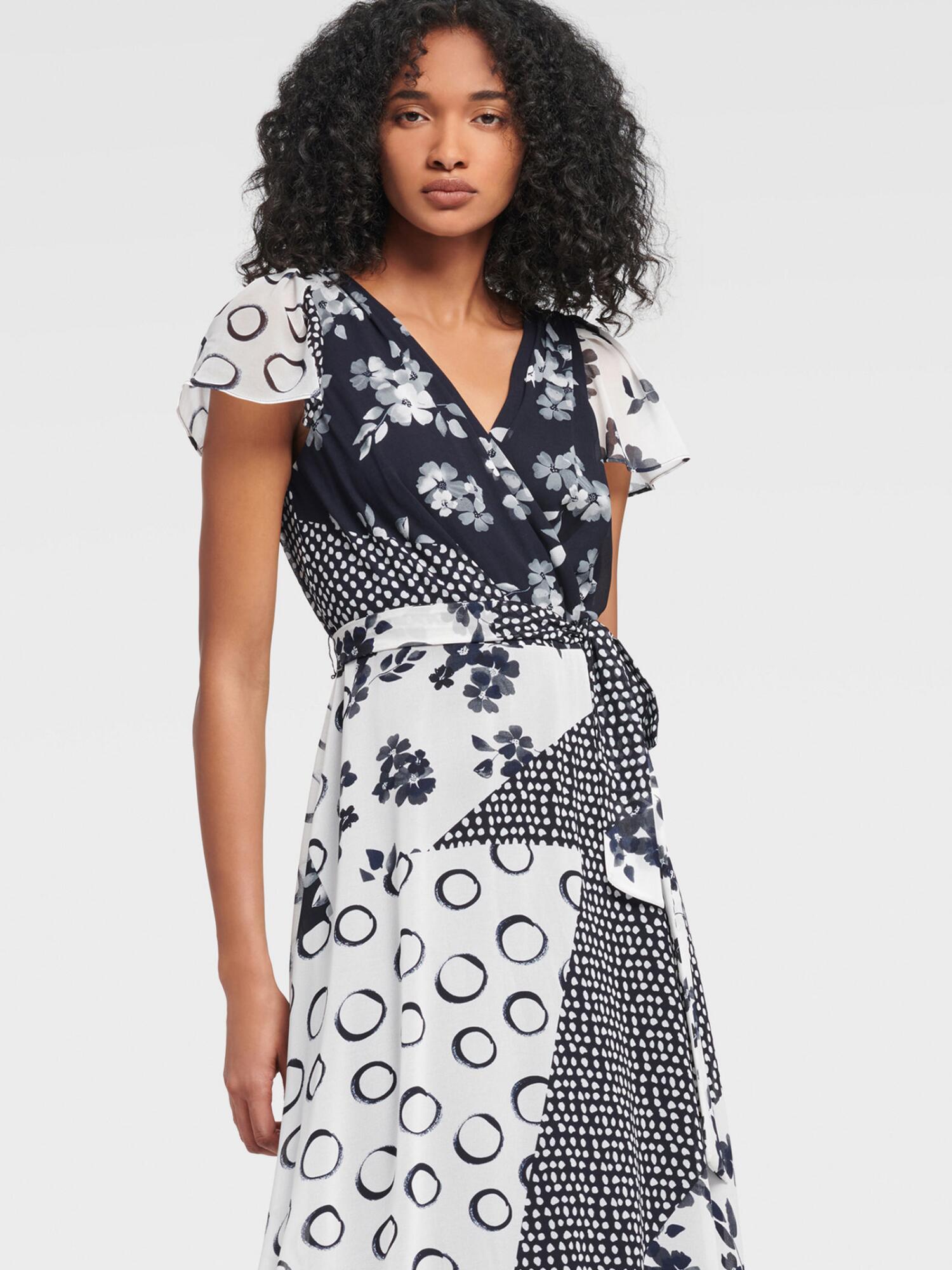 DKNY Multi Patchwork Faux Wrap Dress in 