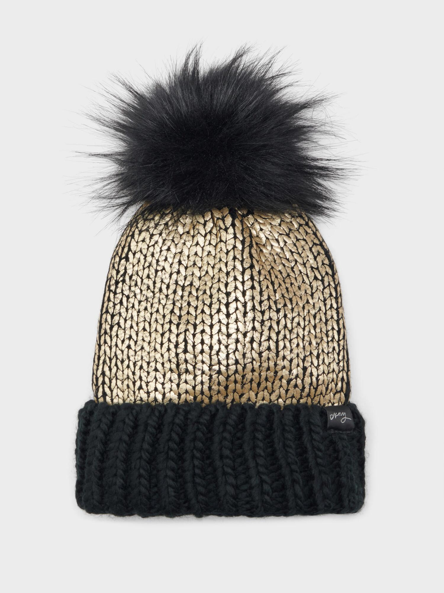 DKNY Metallic Beanie With Faux Fur Pom 