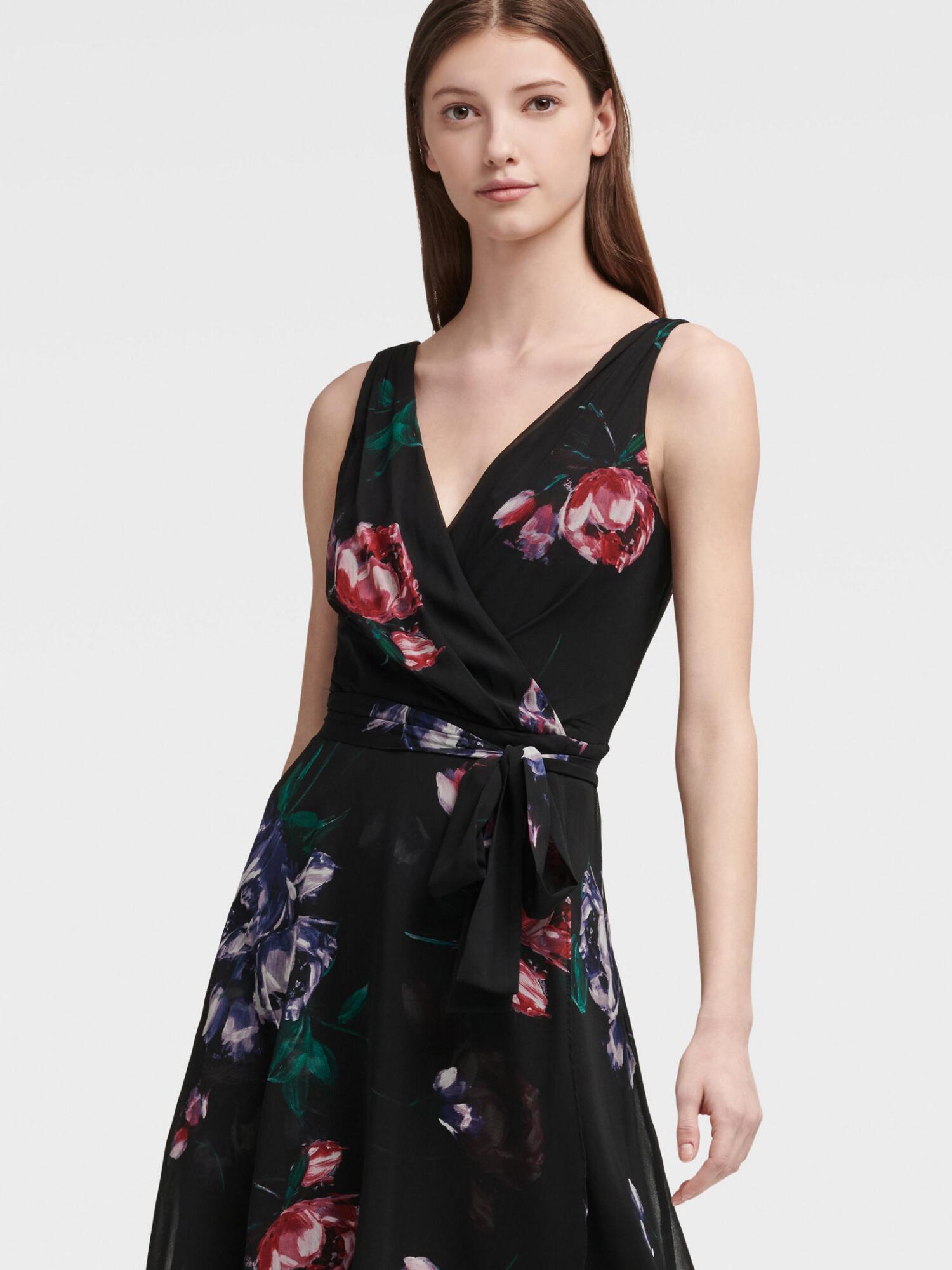 black mesh floral v neck midi dress